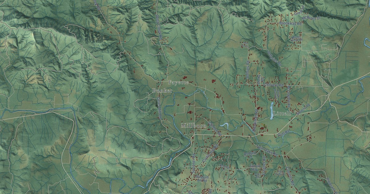 Close-up of streets and buildings in Adna, Washington