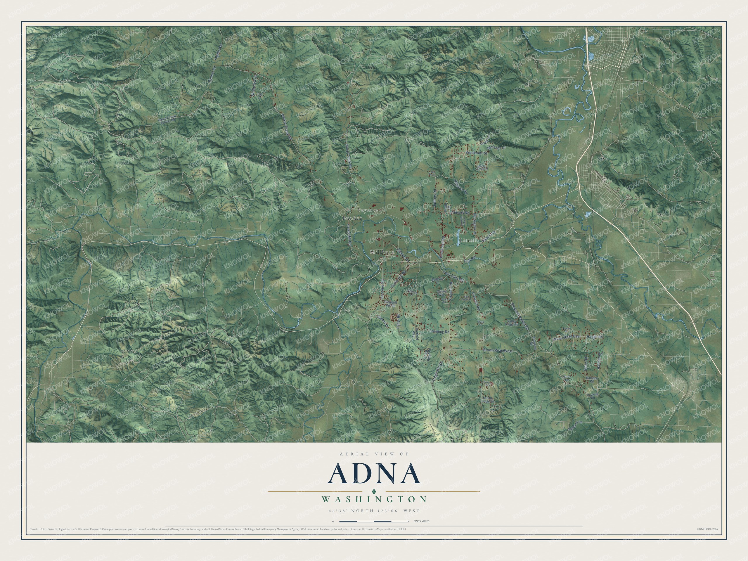 Full map of Adna, Washington, with red buildings, printed street names and the land around them