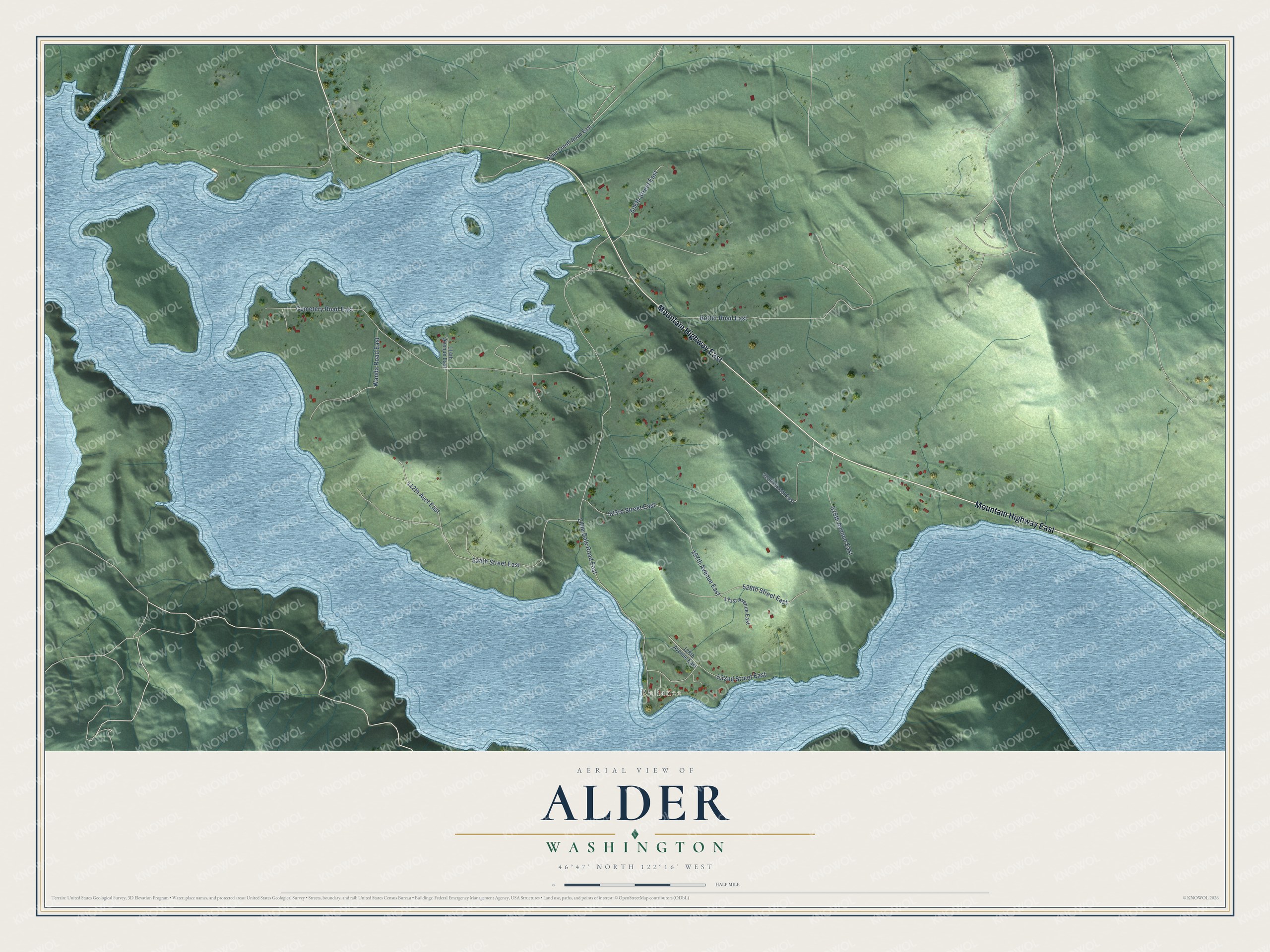 Full map of Alder, Washington, with red buildings, printed street names and the land around them