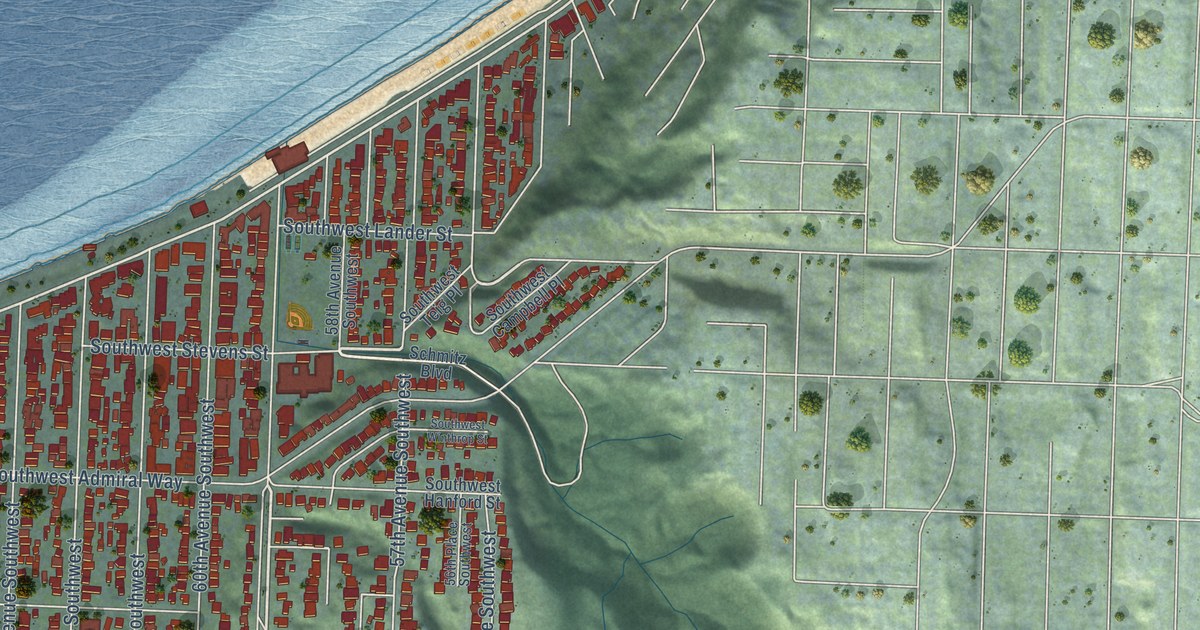 Close-up of streets and buildings in Alki, Washington