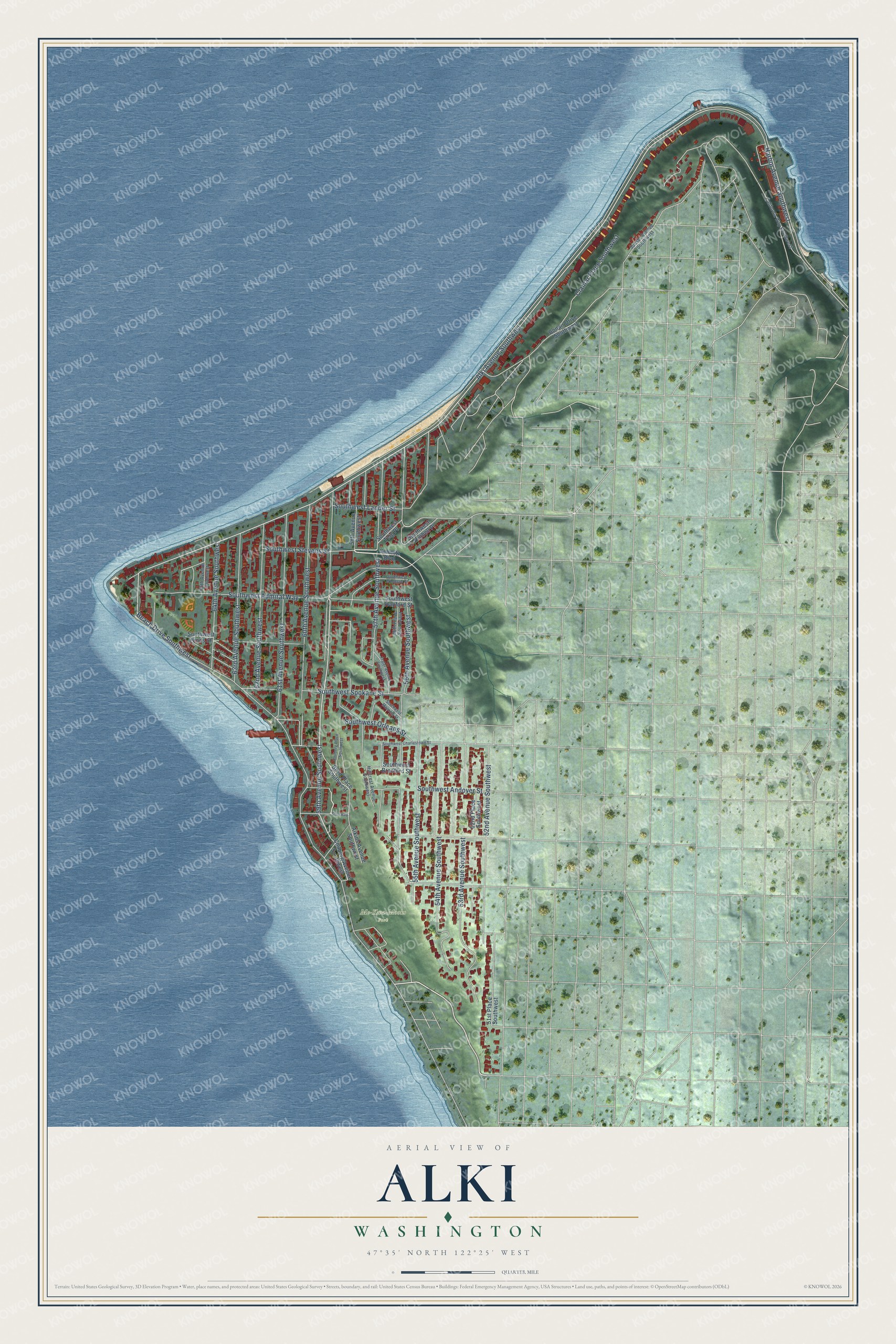 Full map of Alki, Washington, with red buildings, printed street names and the land around them