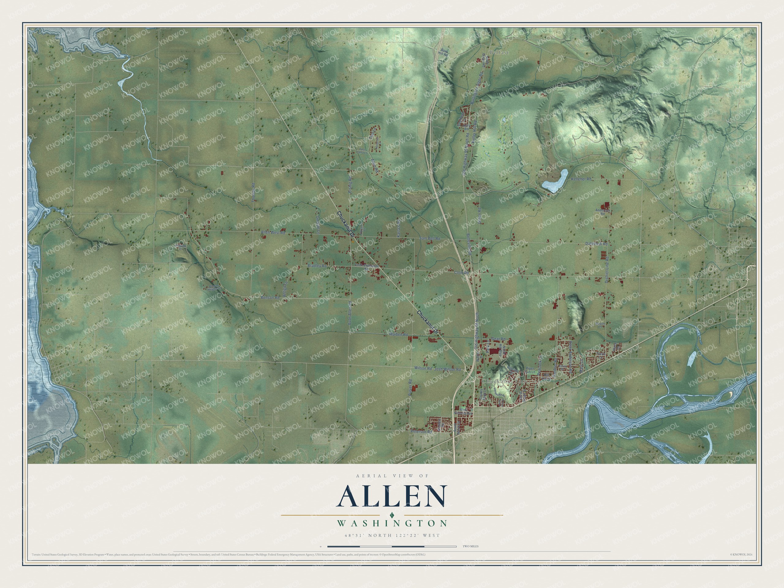 Full map of Allen, Washington, with red buildings, printed street names and the land around them