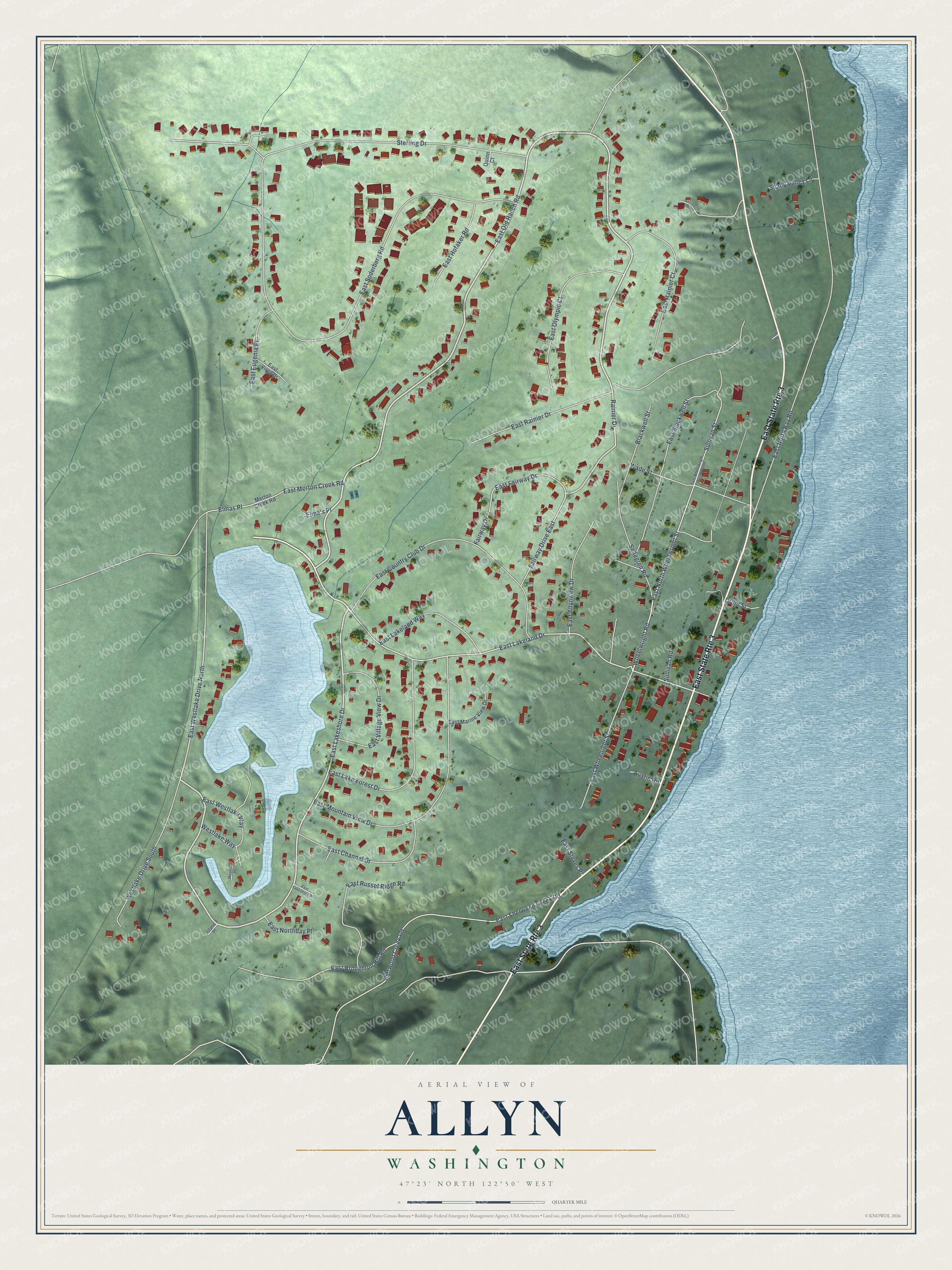 Full map of Allyn, Washington, with red buildings, printed street names and the land around them
