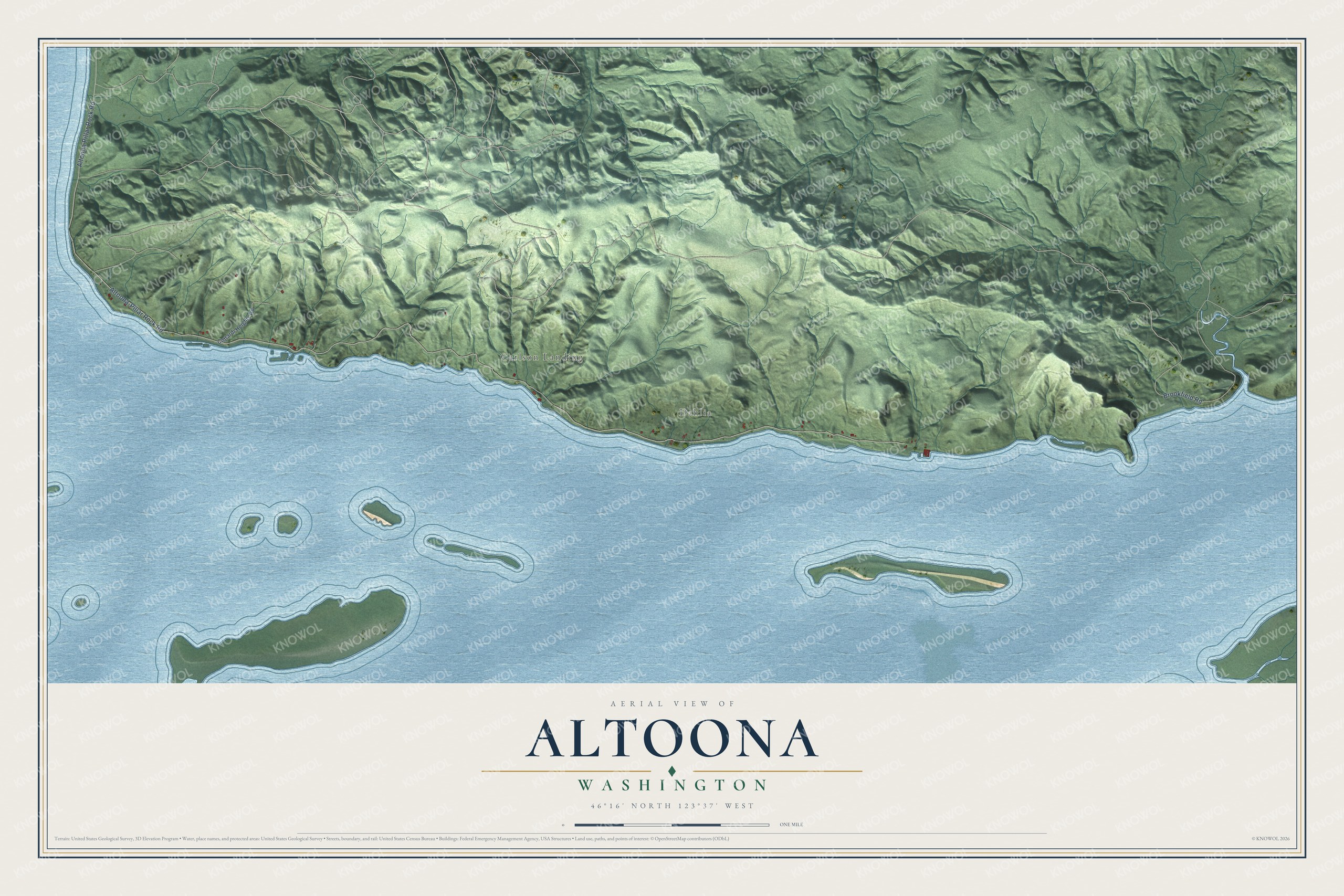 Full map of Altoona, Washington, with red buildings, printed street names and the land around them