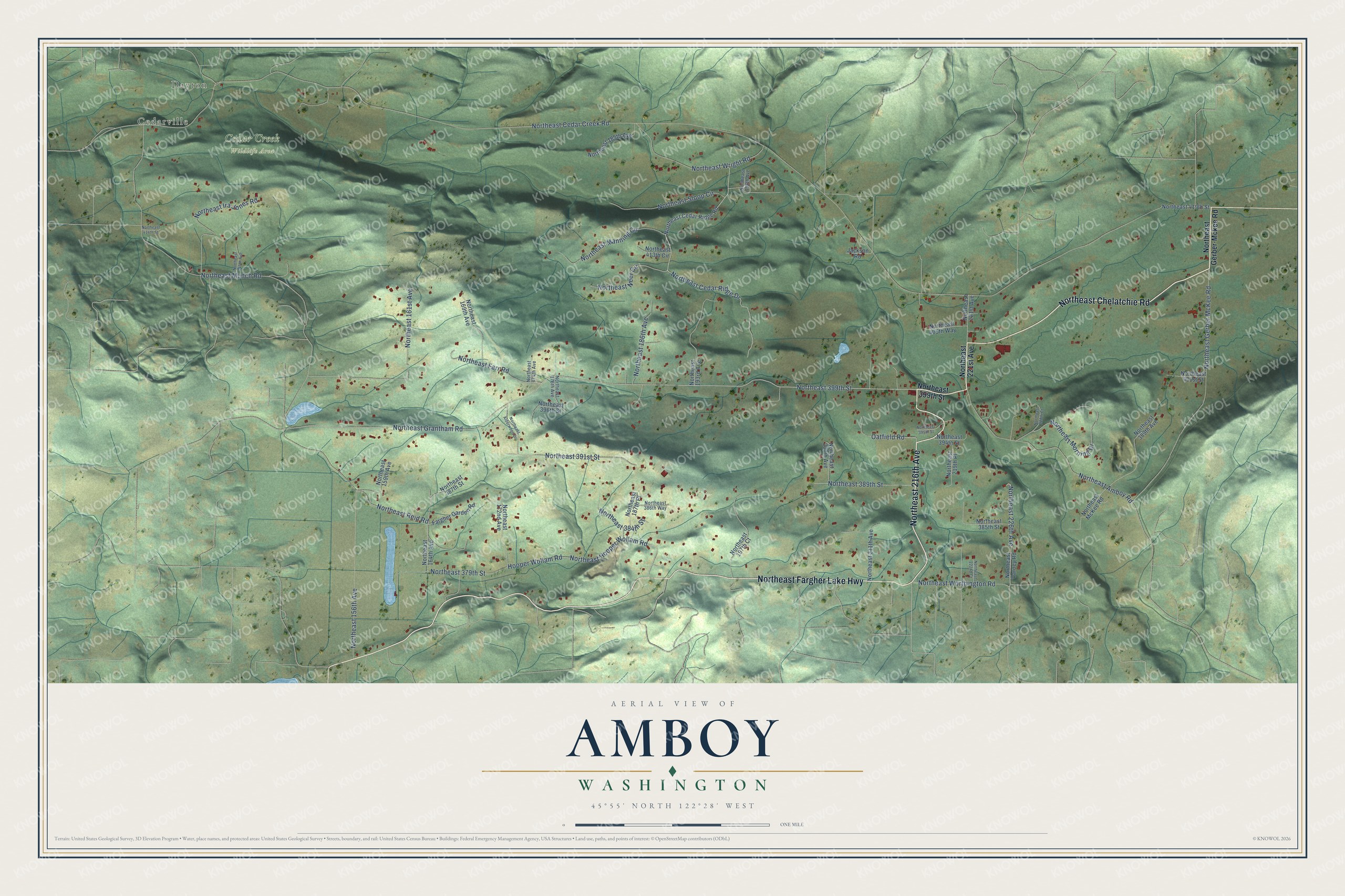 Full map of Amboy, Washington, with red buildings, printed street names and the land around them