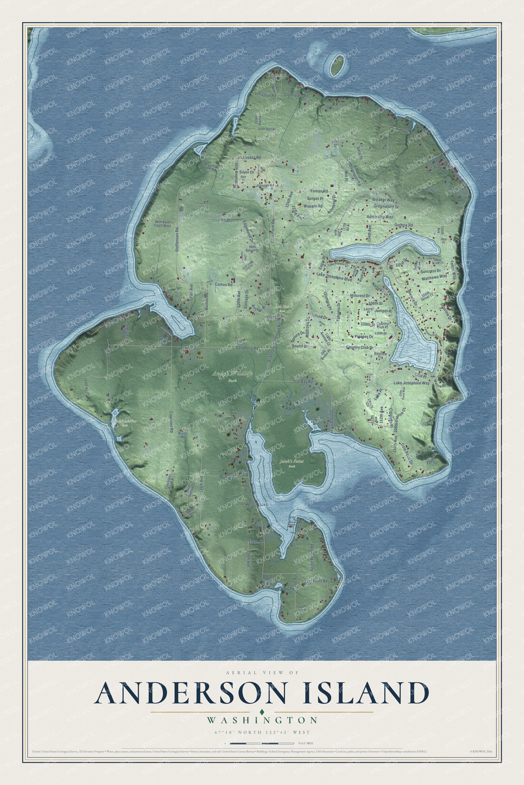 Full map of Anderson Island, Washington, with red buildings, printed street names and the land around them