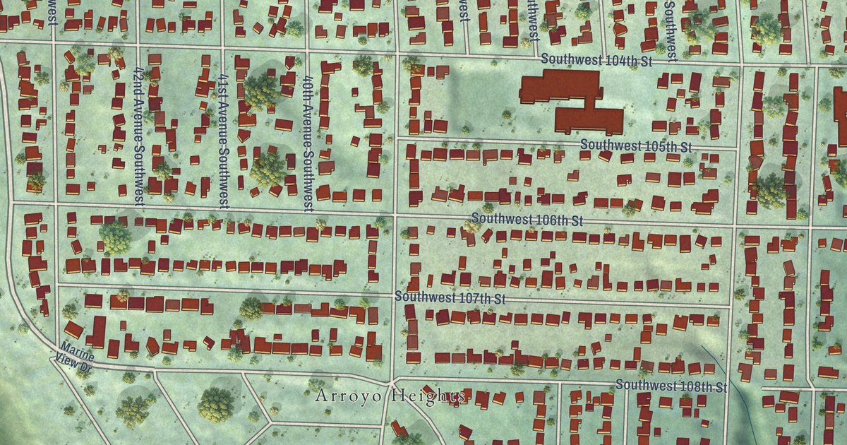 Close-up of streets and buildings in Arbor Heights, Washington
