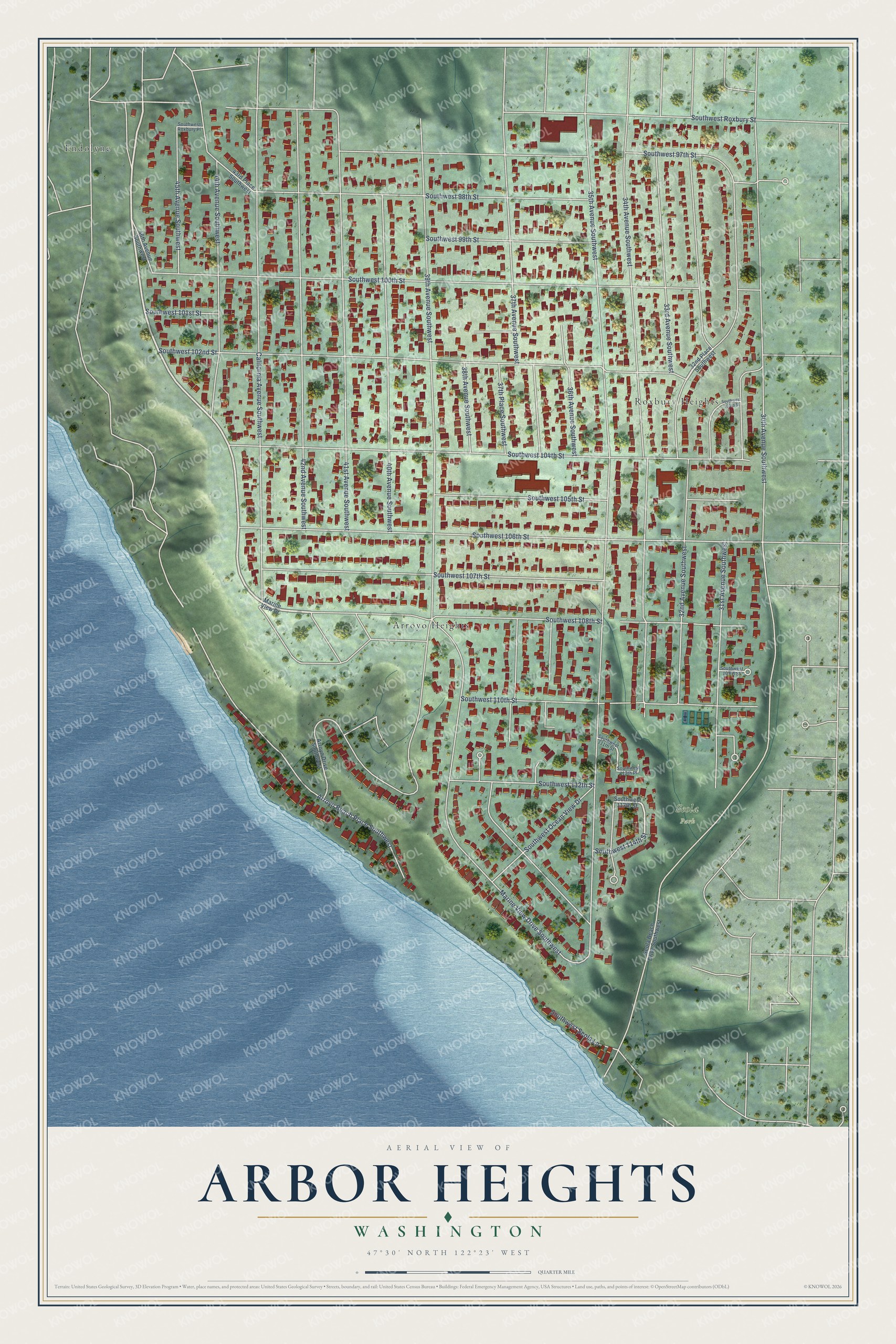 Full map of Arbor Heights, Washington, with red buildings, printed street names and the land around them