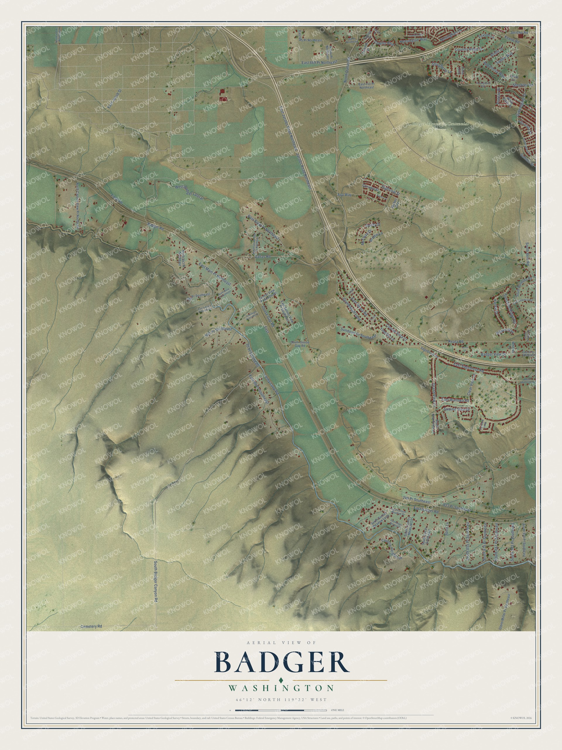 Full map of Badger, Washington, with red buildings, printed street names and the land around them