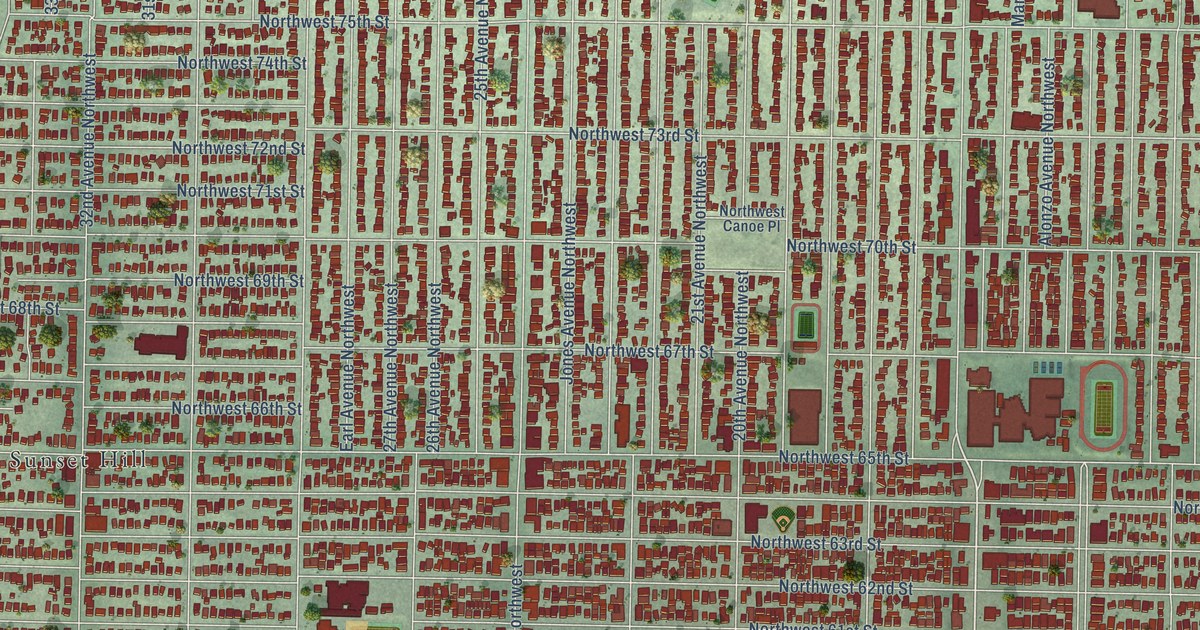 Close-up of streets and buildings in Ballard, Washington