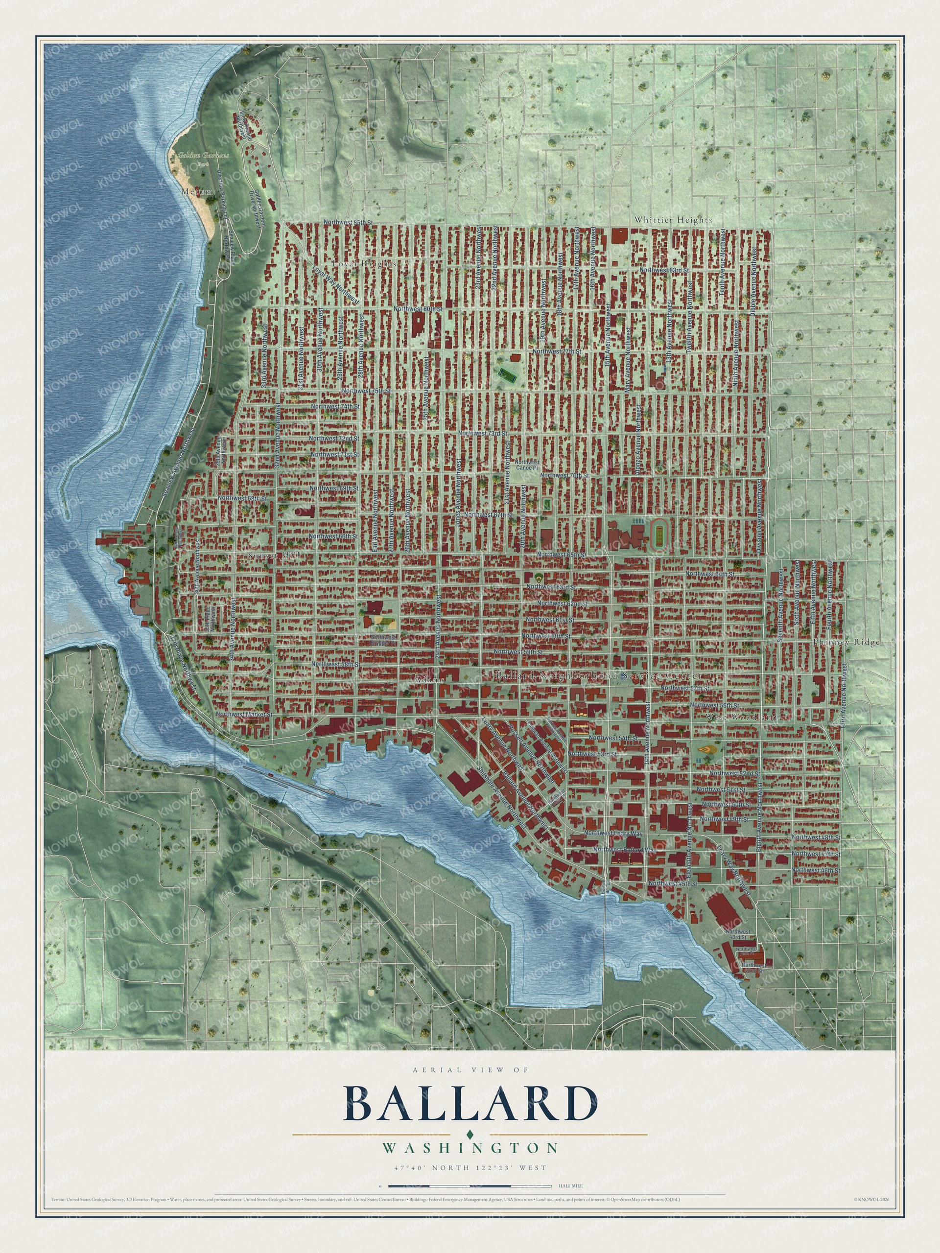 Full map of Ballard, Washington, with red buildings, printed street names and the land around them