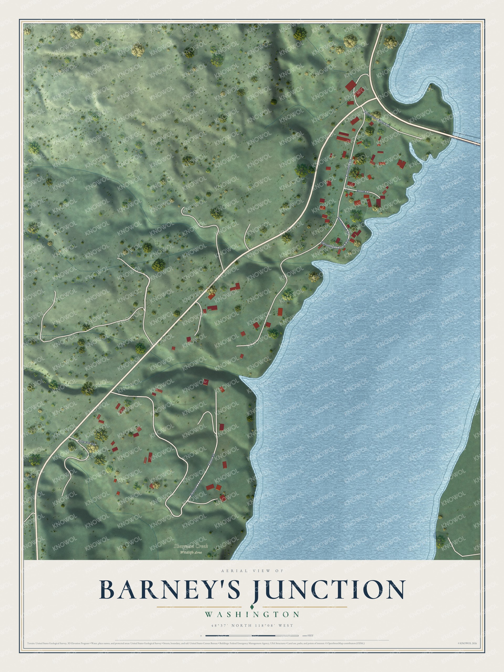 Full map of Barney's Junction, Washington, with red buildings, printed street names and the land around them