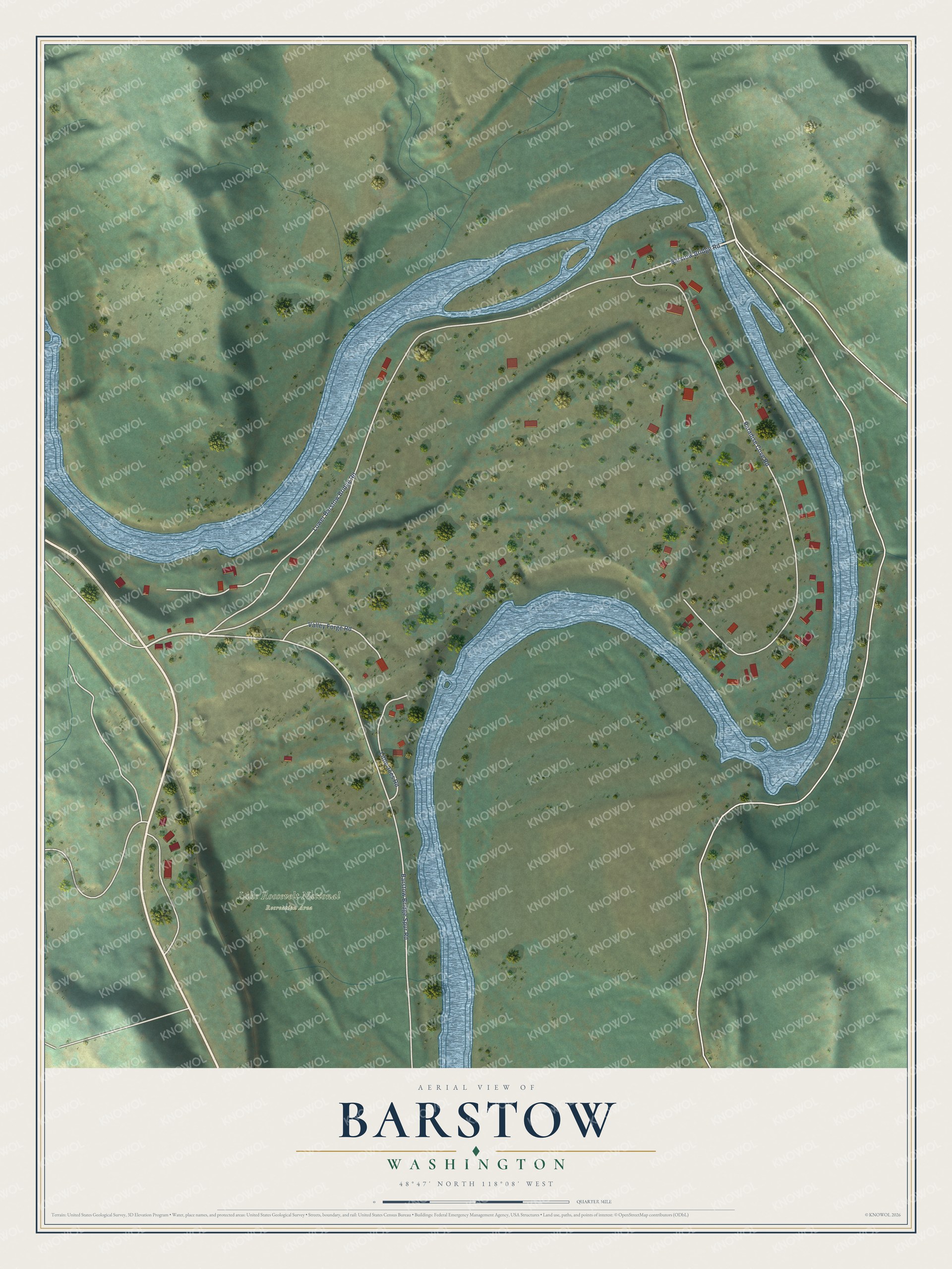 Full map of Barstow, Washington, with red buildings, printed street names and the land around them