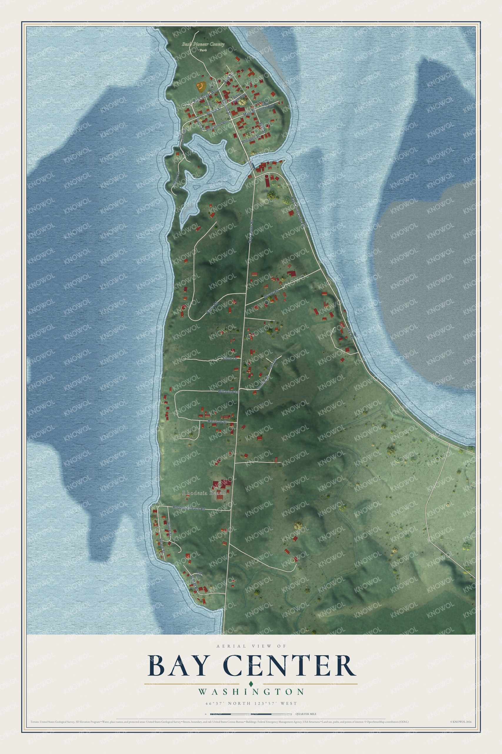 Full map of Bay Center, Washington, with red buildings, printed street names and the land around them
