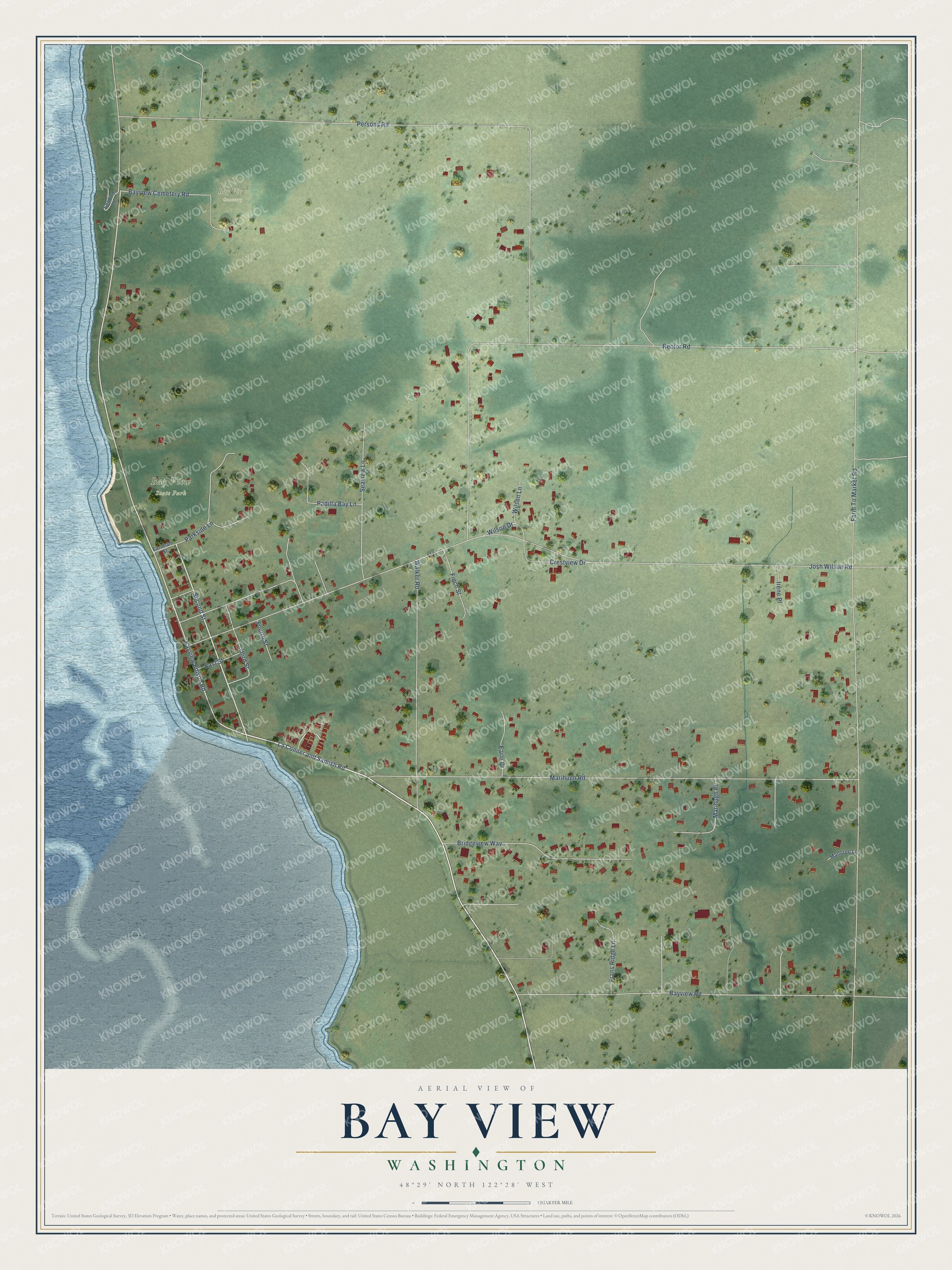 Full map of Bay View, Washington, with red buildings, printed street names and the land around them