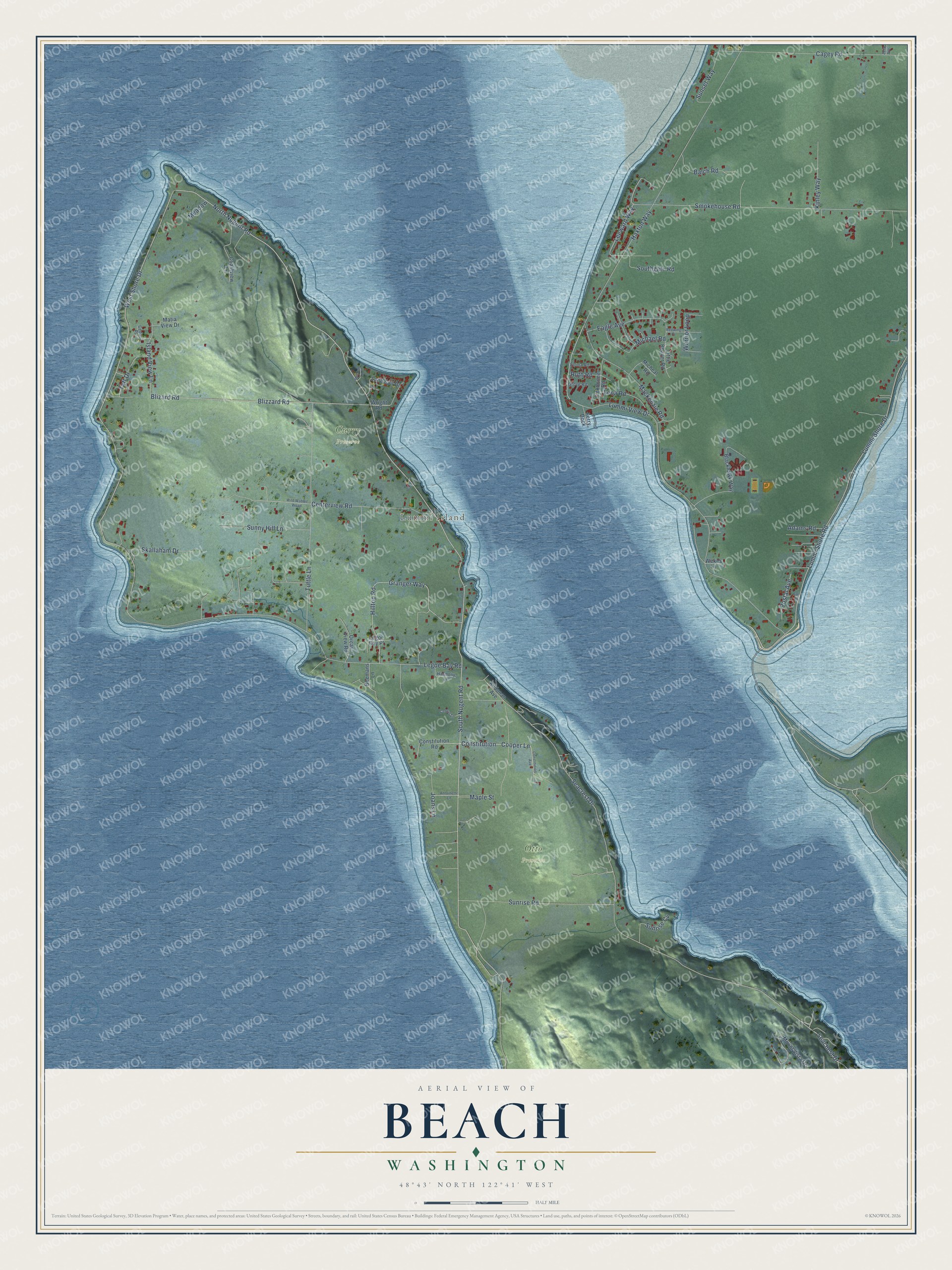 Full map of Beach, Washington, with red buildings, printed street names and the land around them