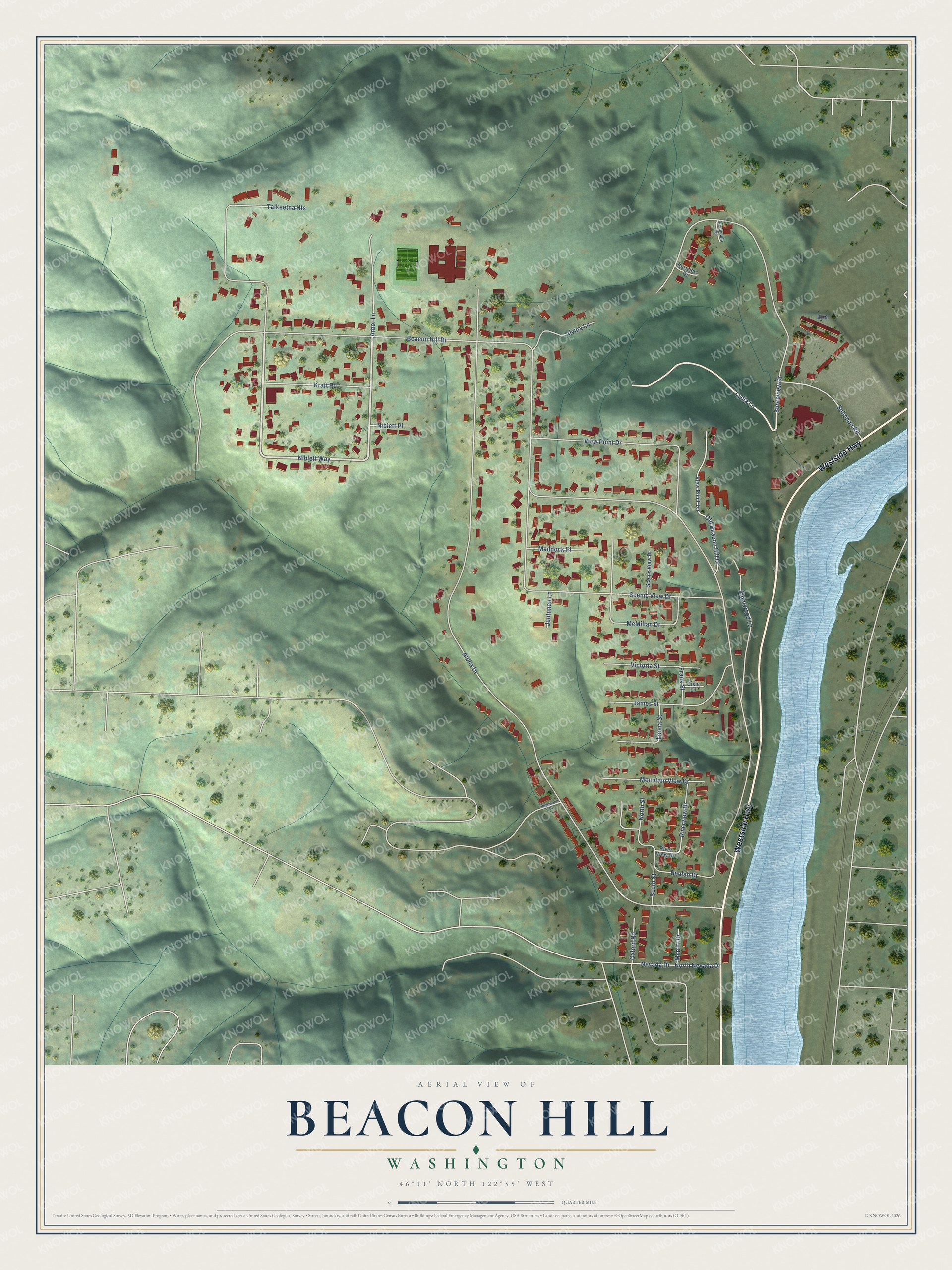 Full map of Beacon Hill, Washington, with red buildings, printed street names and the land around them