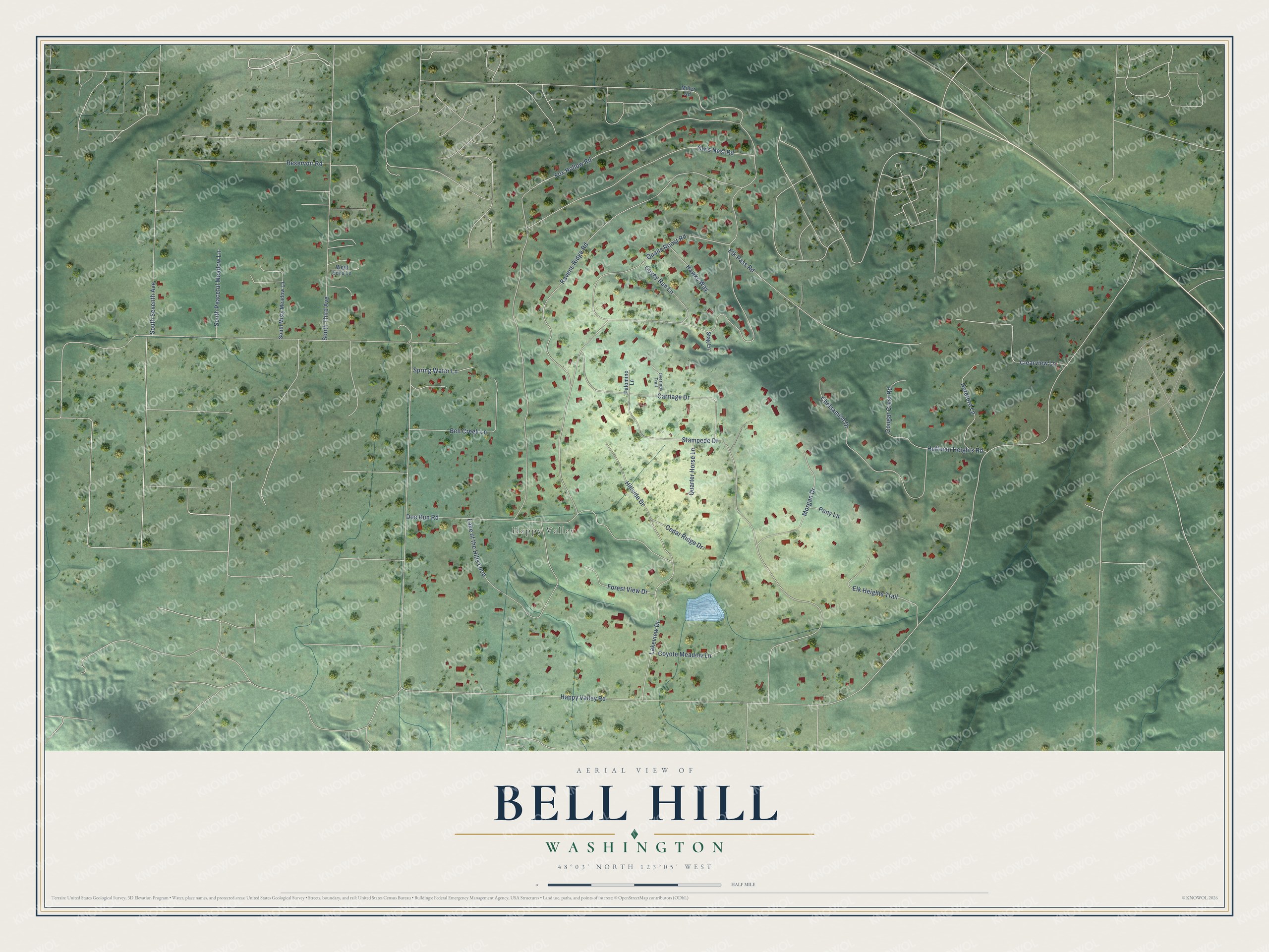 Full map of Bell Hill, Washington, with red buildings, printed street names and the land around them