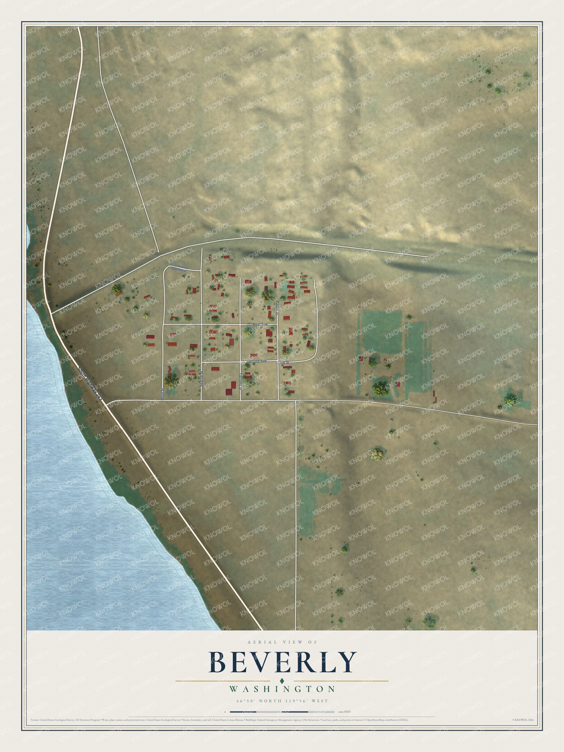 Full map of Beverly, Washington, with red buildings, printed street names and the land around them