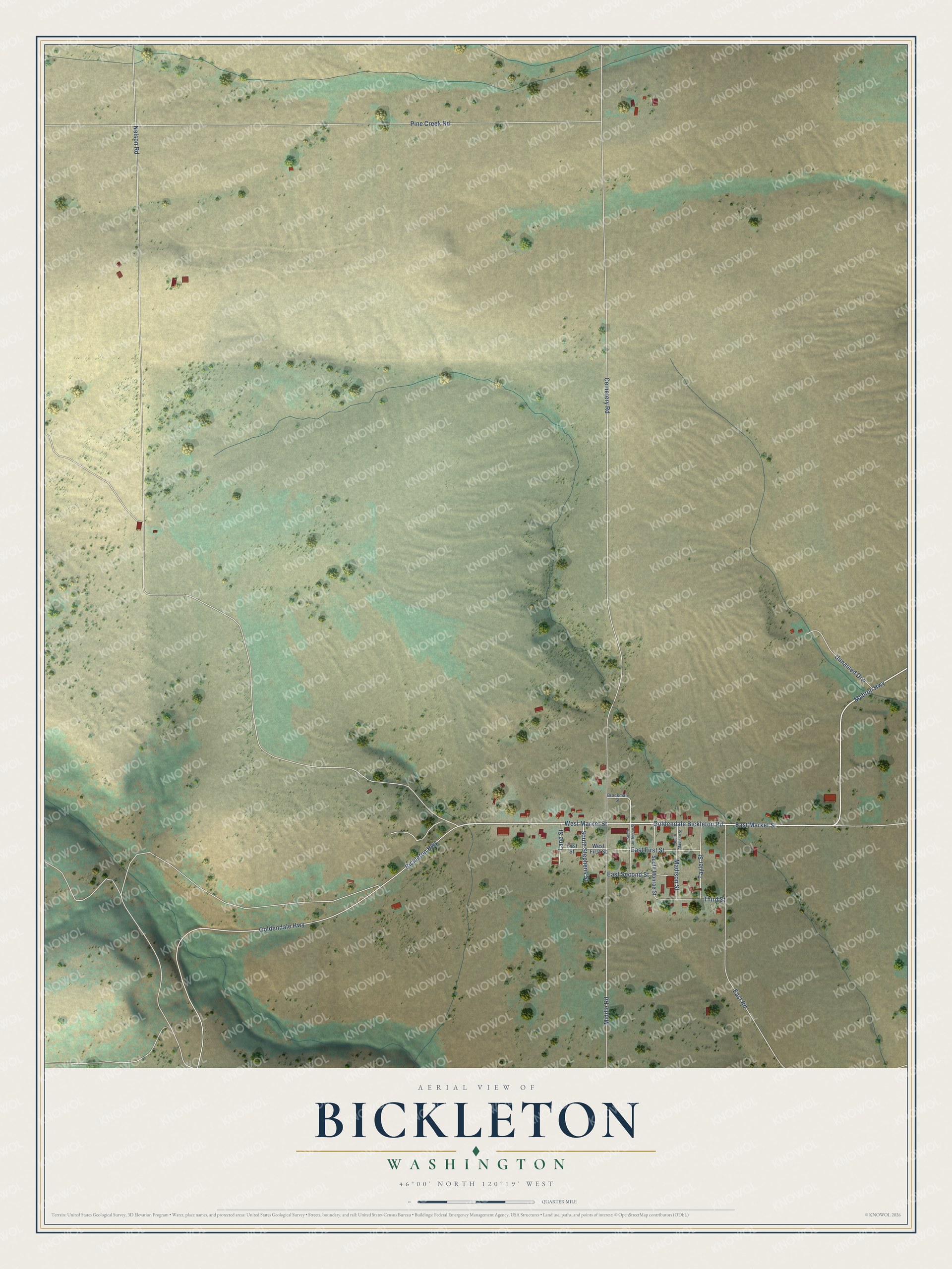 Full map of Bickleton, Washington, with red buildings, printed street names and the land around them