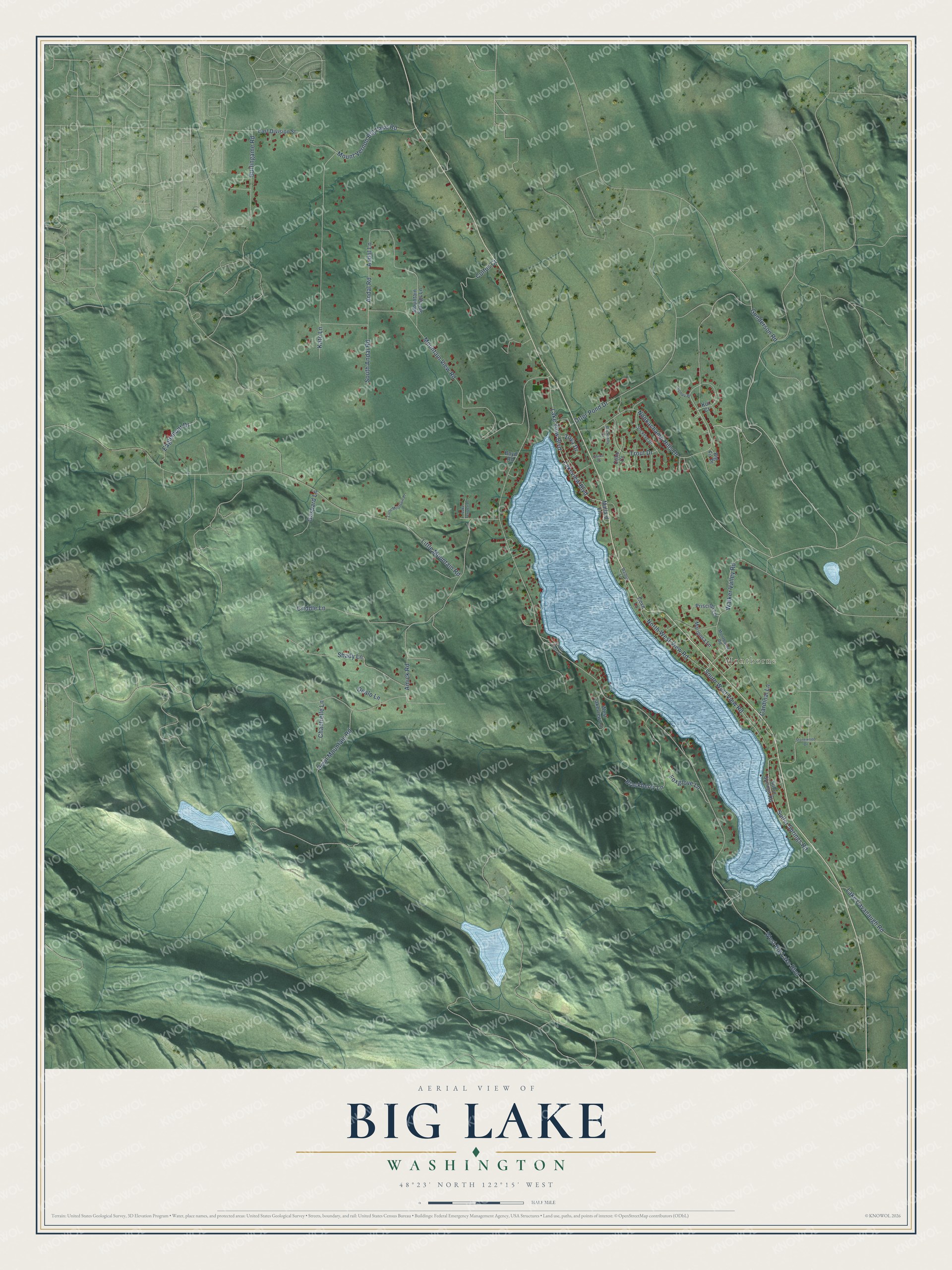 Full map of Big Lake, Washington, with red buildings, printed street names and the land around them