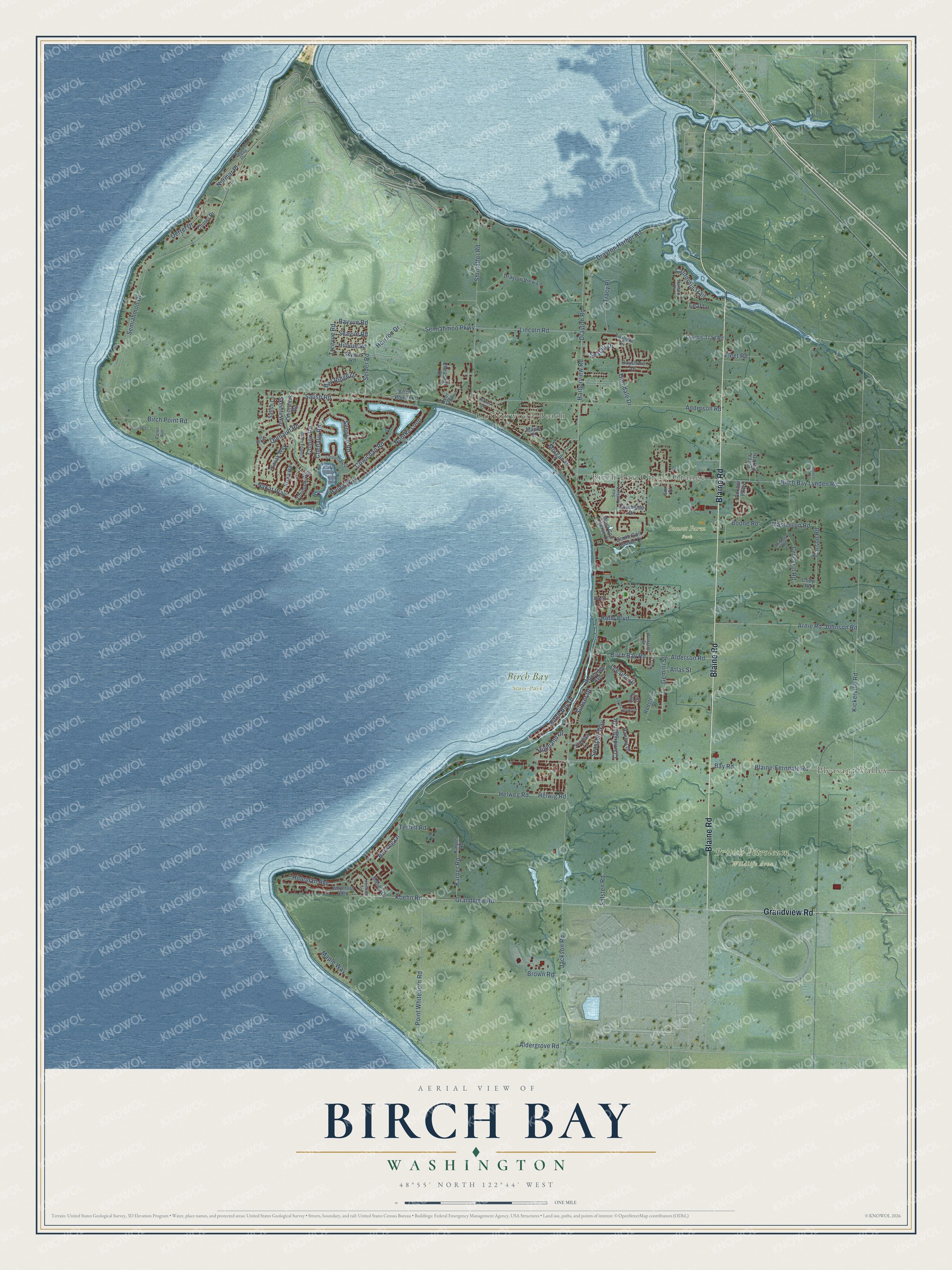 Full map of Birch Bay, Washington, with red buildings, printed street names and the land around them