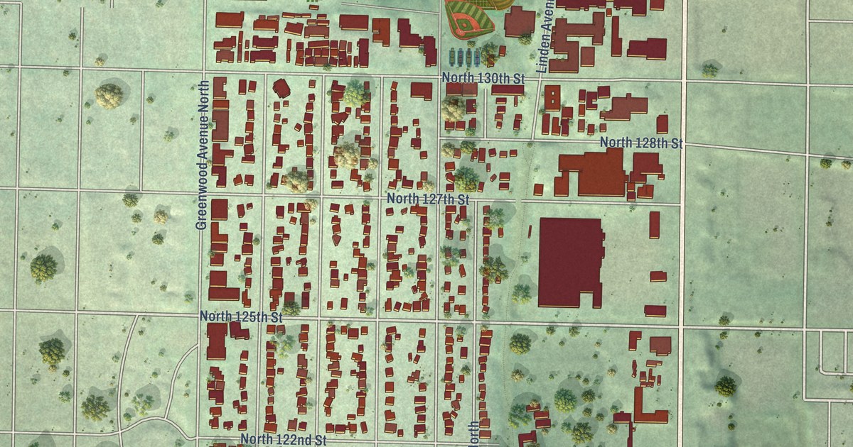 Close-up of streets and buildings in Bitter Lake, Washington
