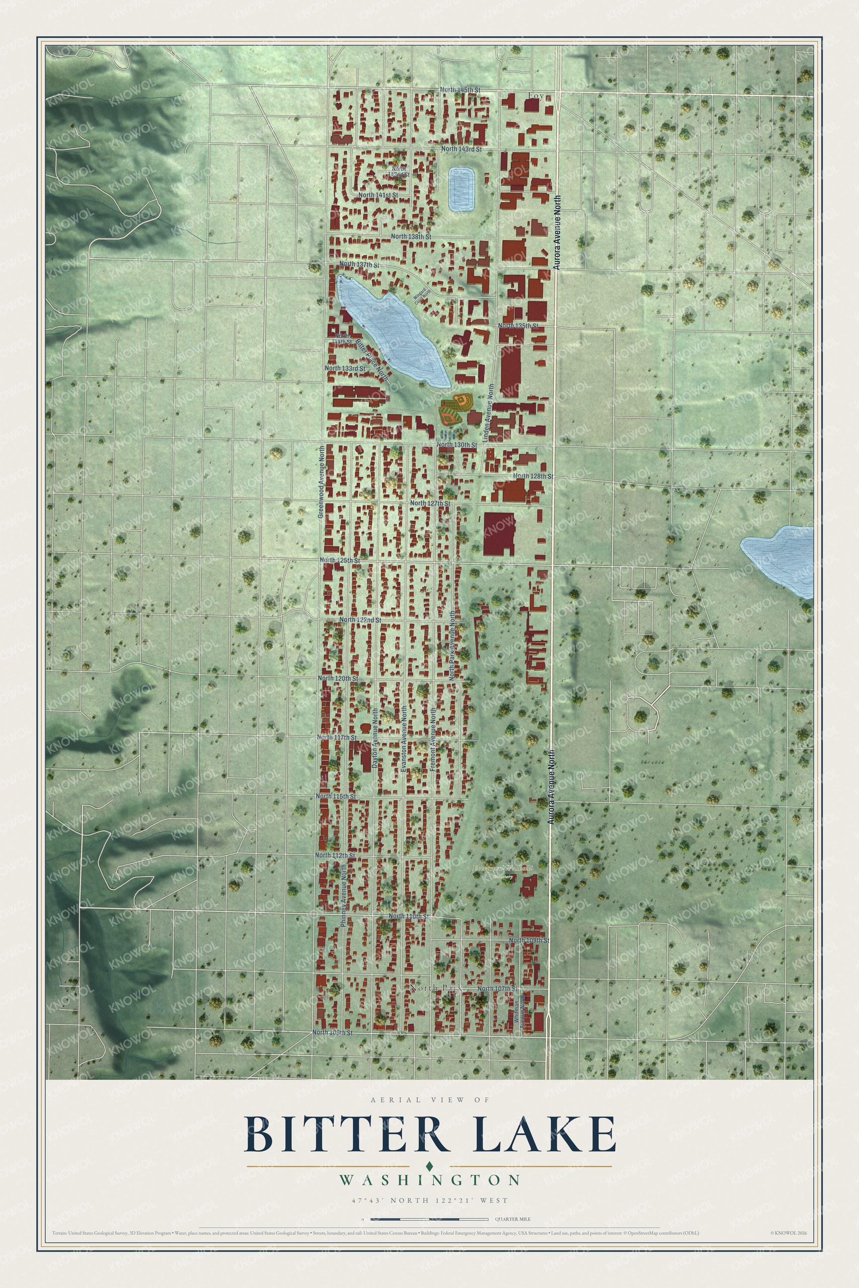 Full map of Bitter Lake, Washington, with red buildings, printed street names and the land around them