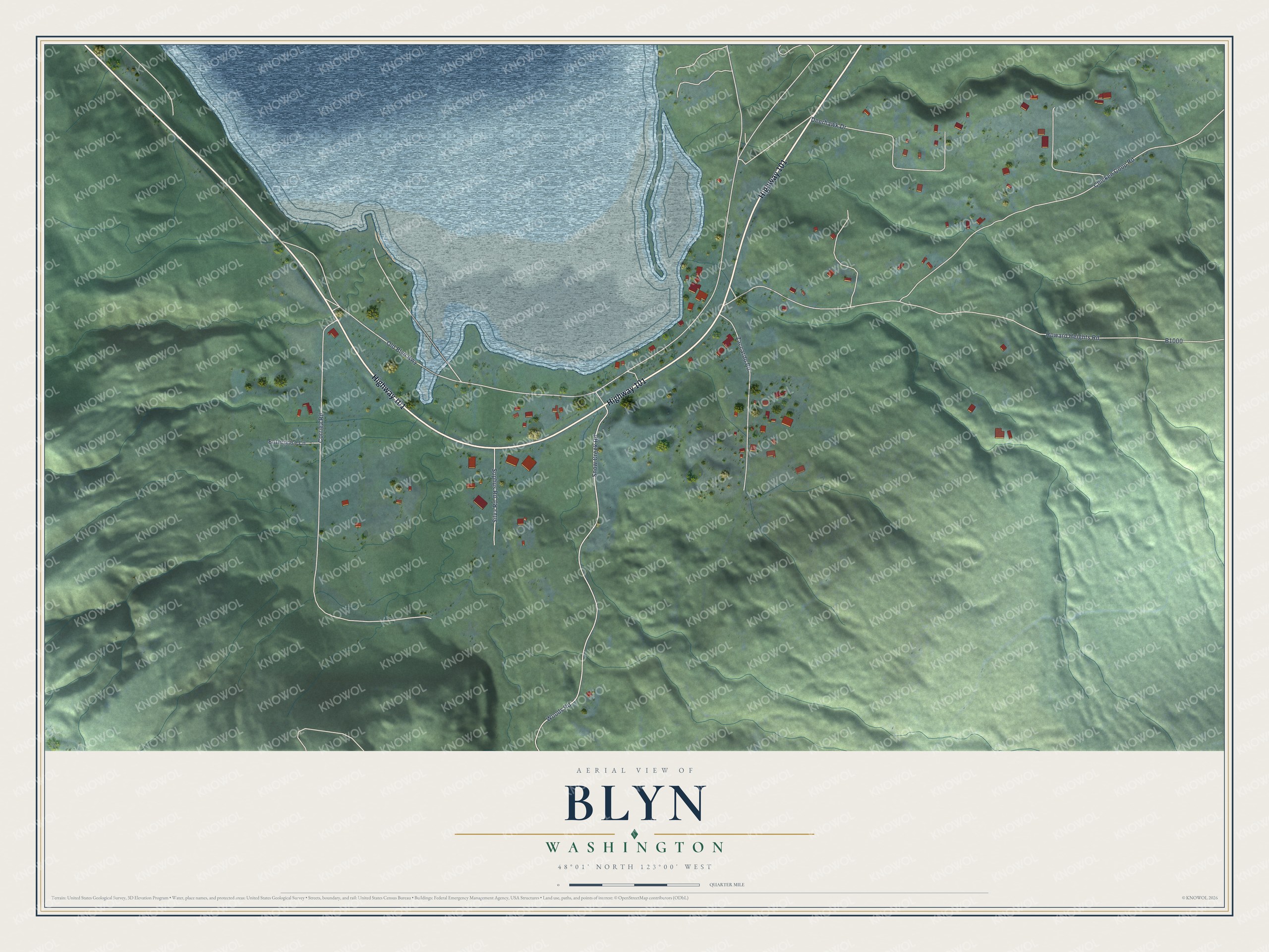 Full map of Blyn, Washington, with red buildings, printed street names and the land around them