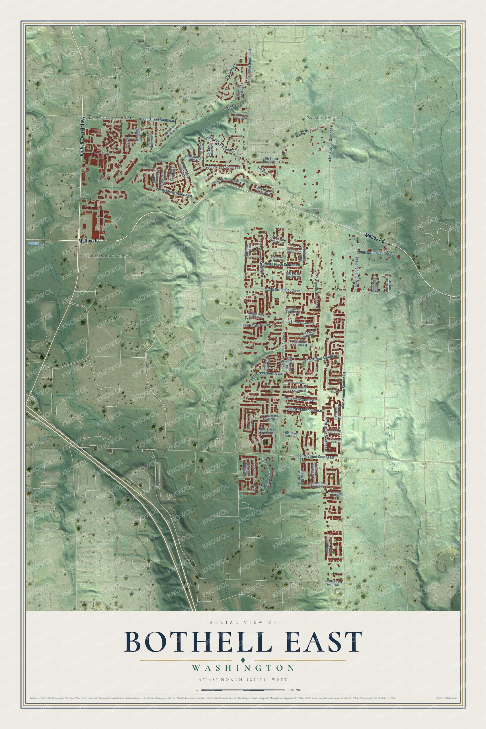 Full map of Bothell East, Washington, with red buildings, printed street names and the land around them
