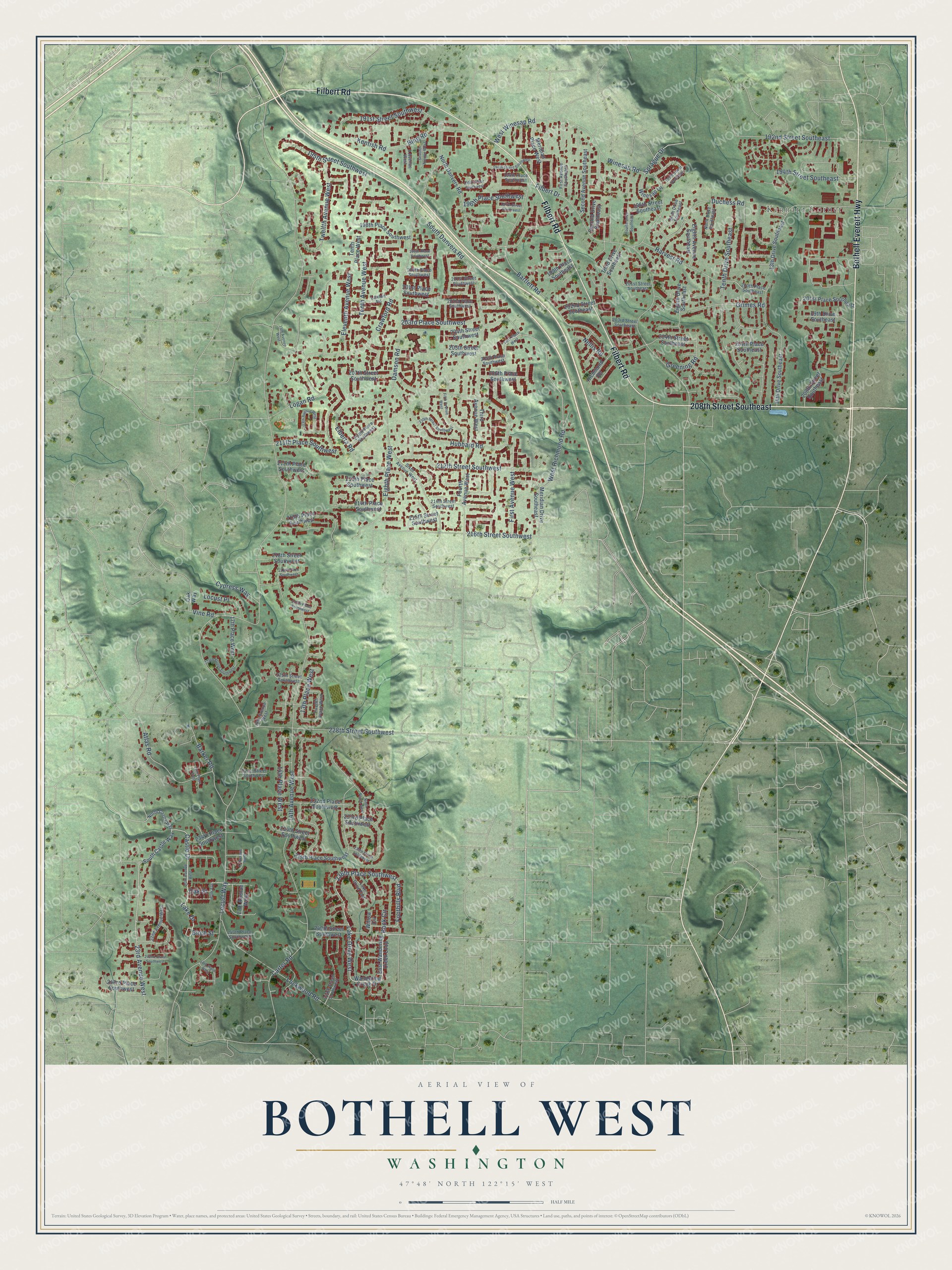 Full map of Bothell West, Washington, with red buildings, printed street names and the land around them