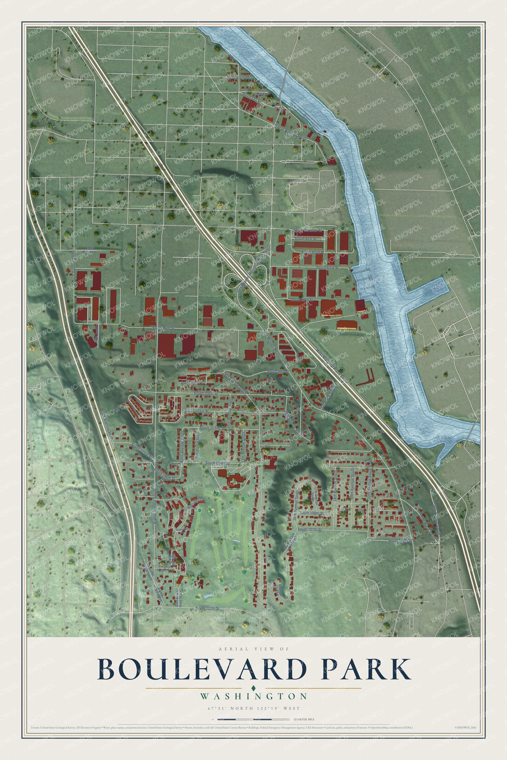 Full map of Boulevard Park, Washington, with red buildings, printed street names and the land around them