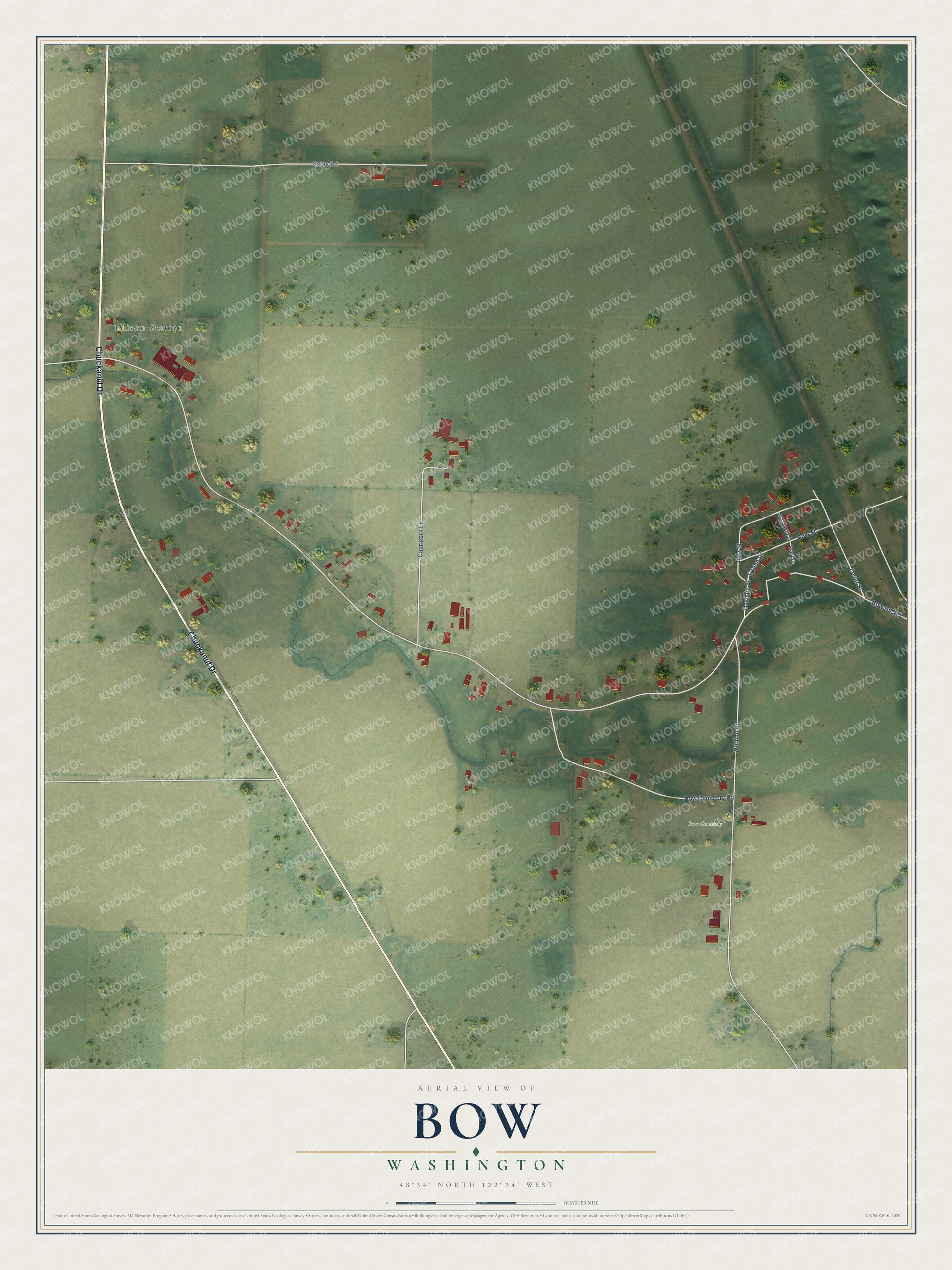 Full map of Bow, Washington, with red buildings, printed street names and the land around them