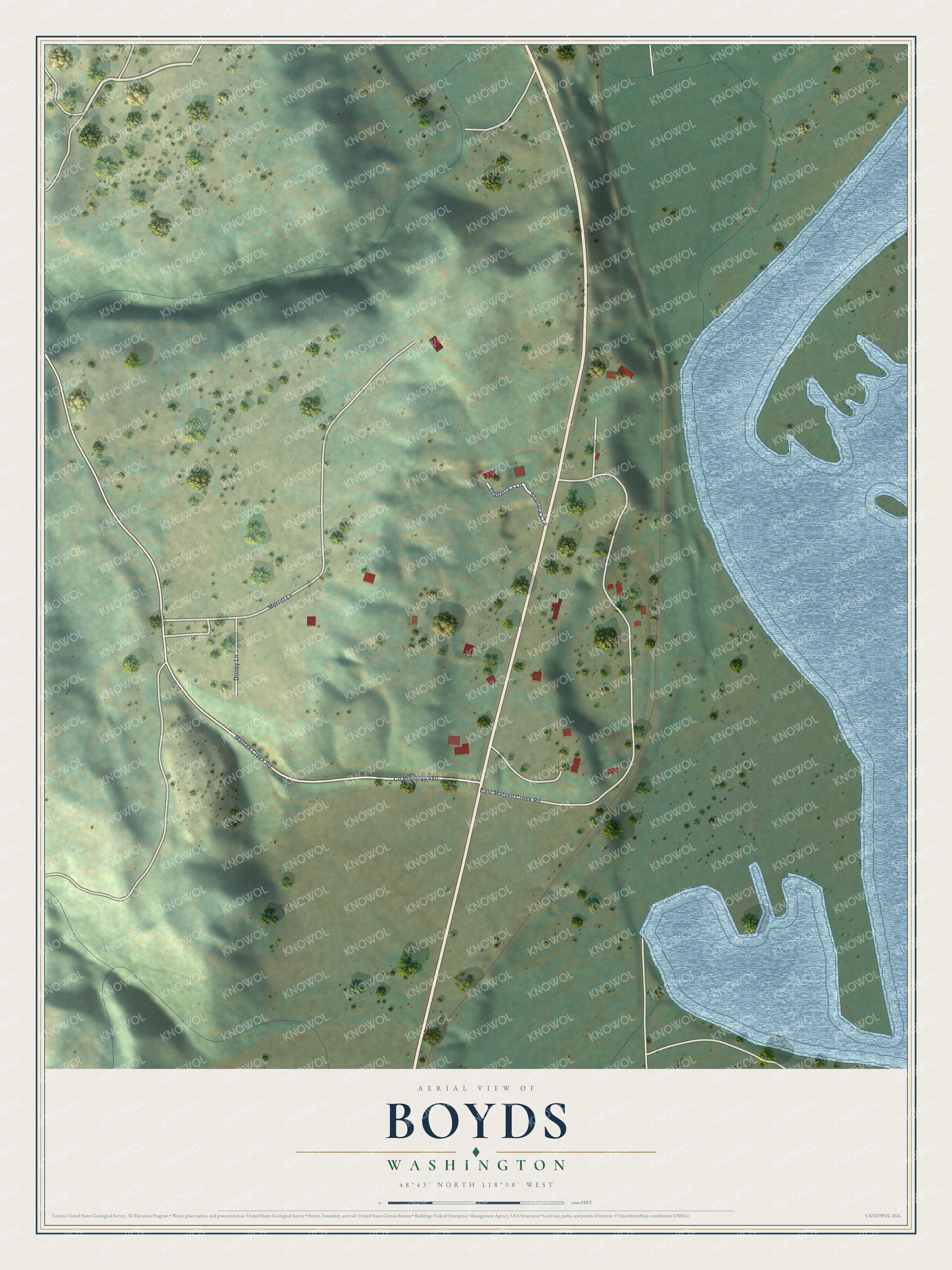 Full map of Boyds, Washington, with red buildings, printed street names and the land around them