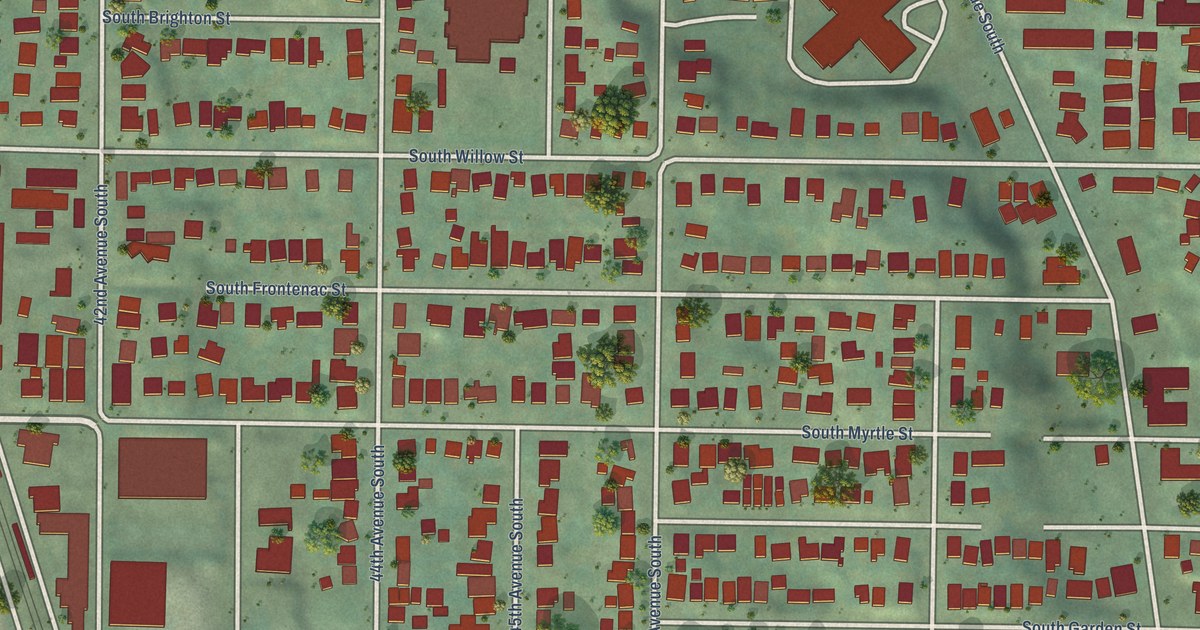 Close-up of streets and buildings in Brighton, Washington