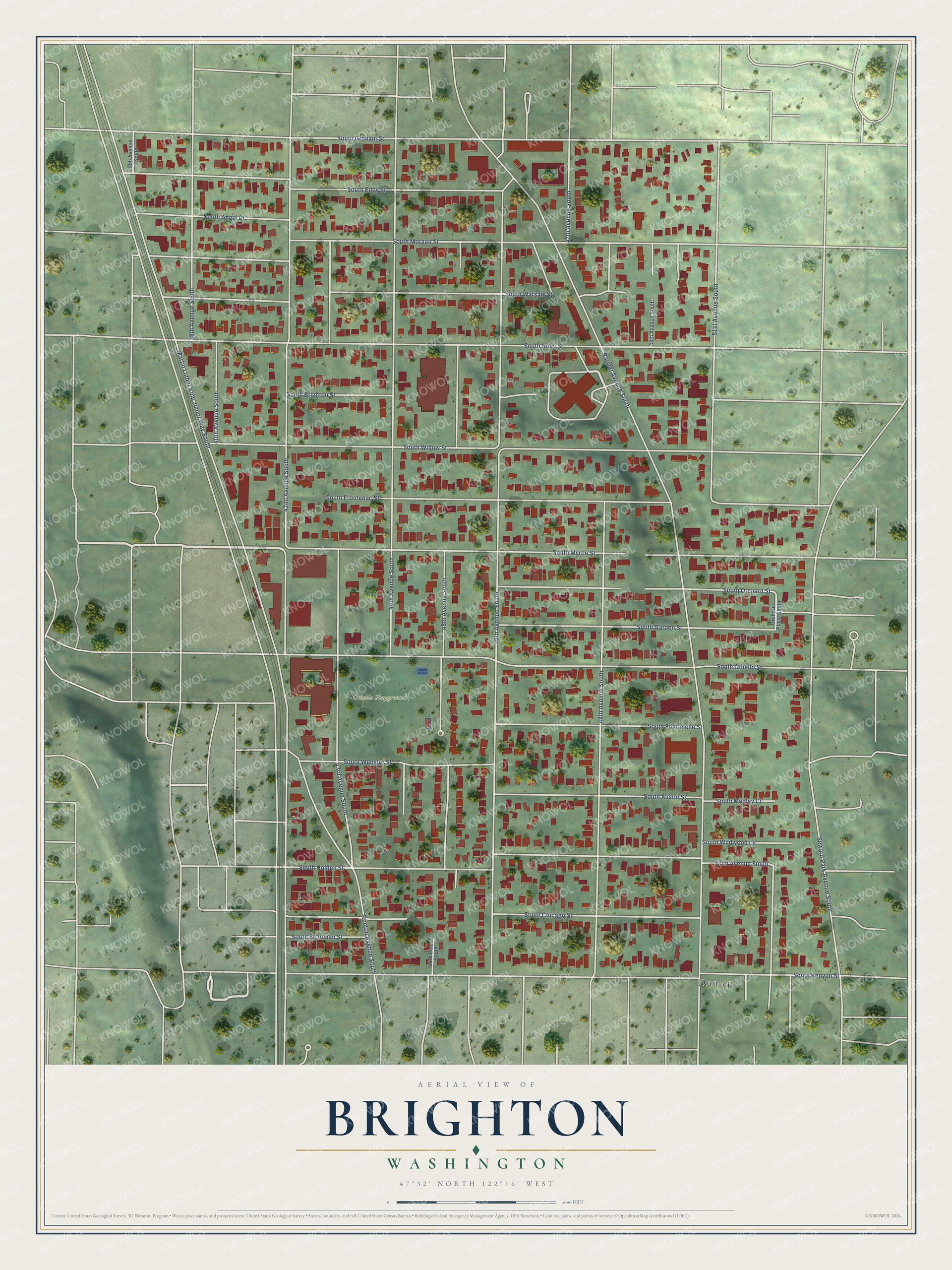 Full map of Brighton, Washington, with red buildings, printed street names and the land around them