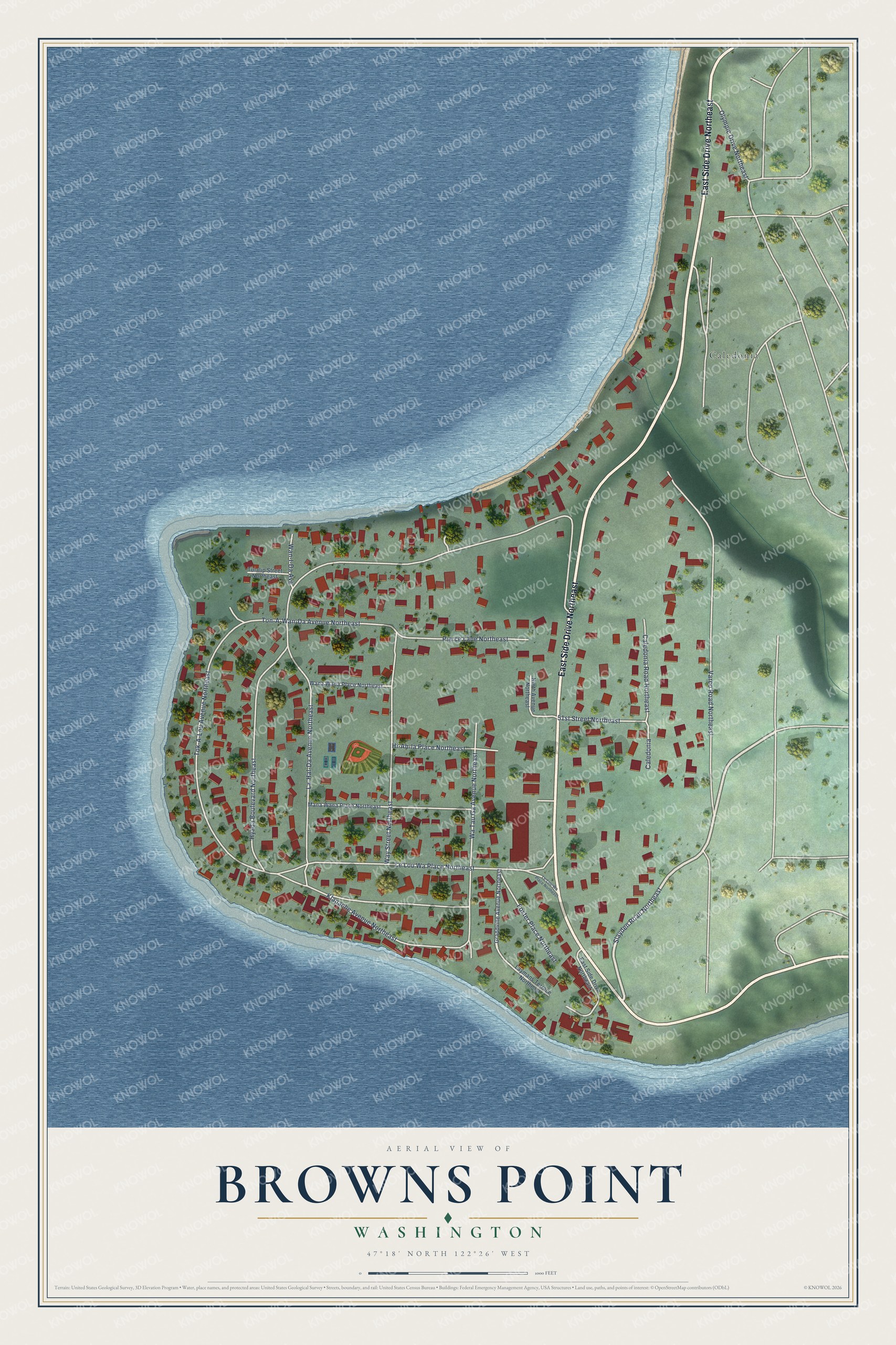 Full map of Browns Point, Washington, with red buildings, printed street names and the land around them