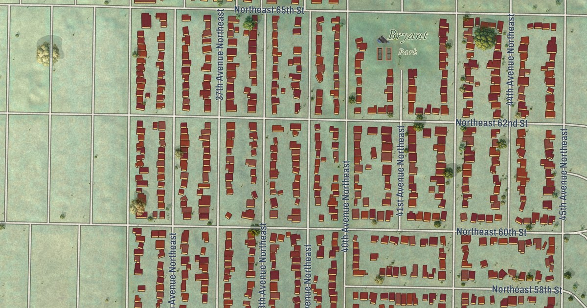 Close-up of streets and buildings in Bryant, Seattle, Washington