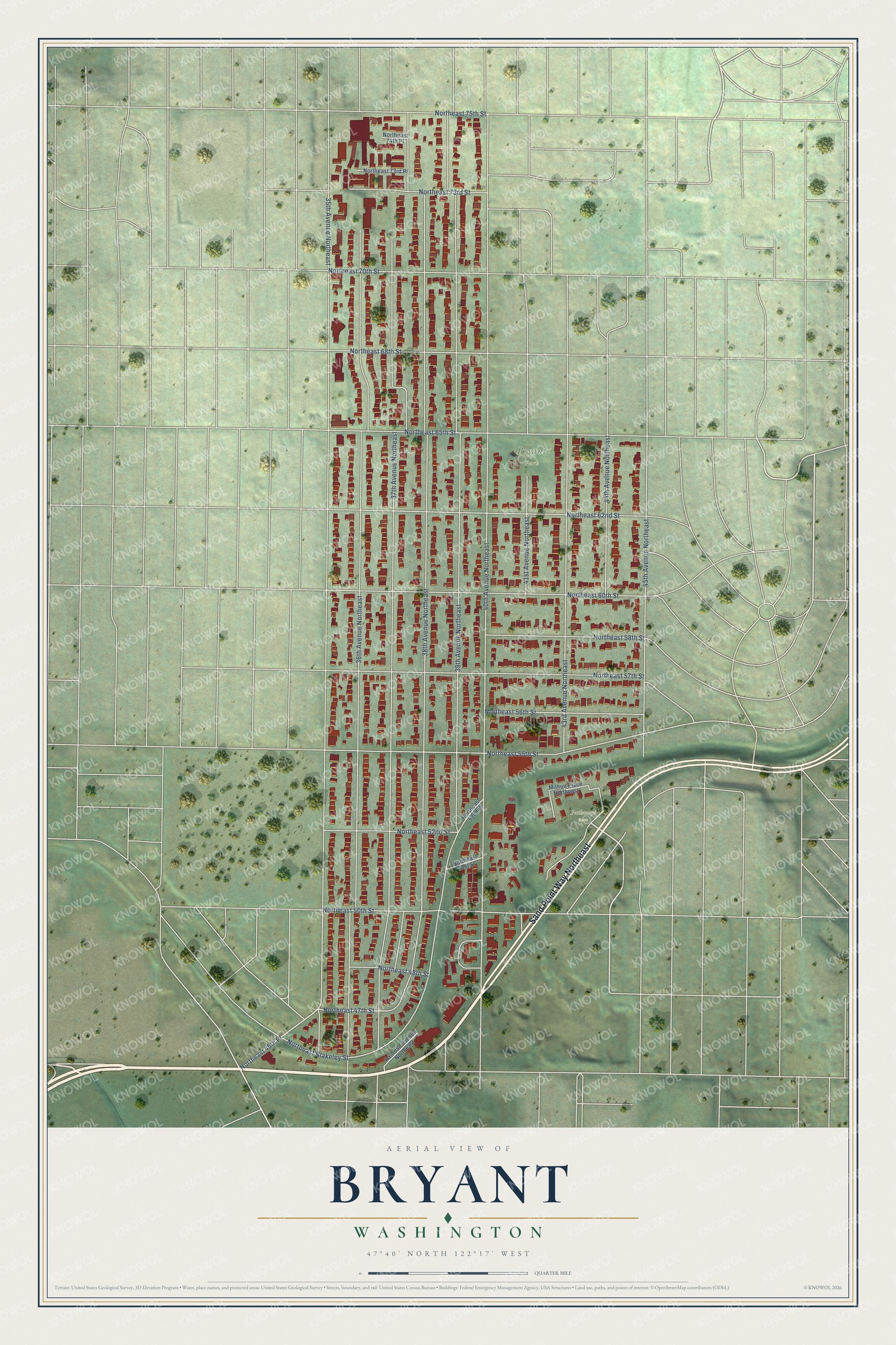 Full map of Bryant, Washington, with red buildings, printed street names and the land around them