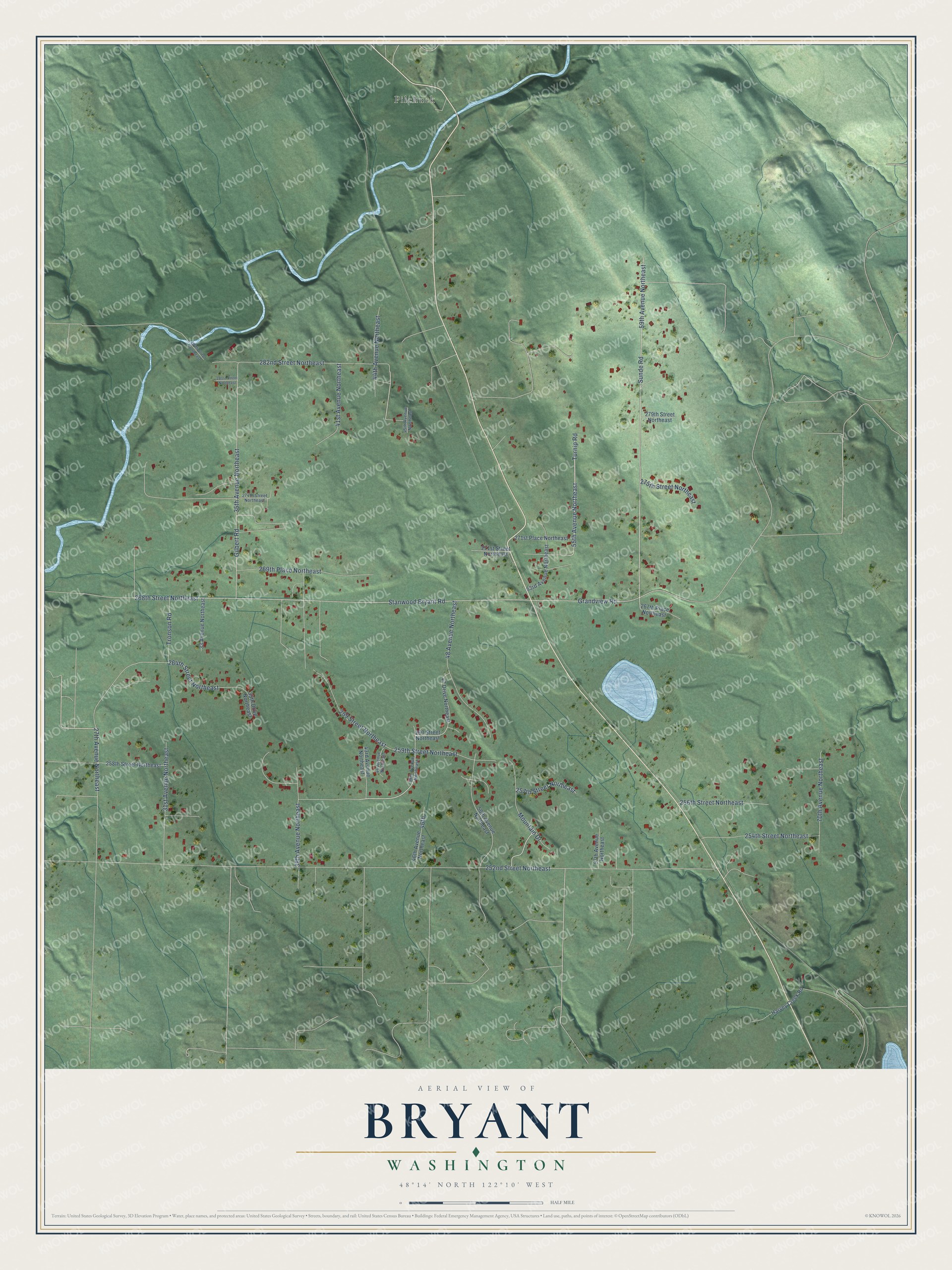 Full map of Bryant, Washington, with red buildings, printed street names and the land around them