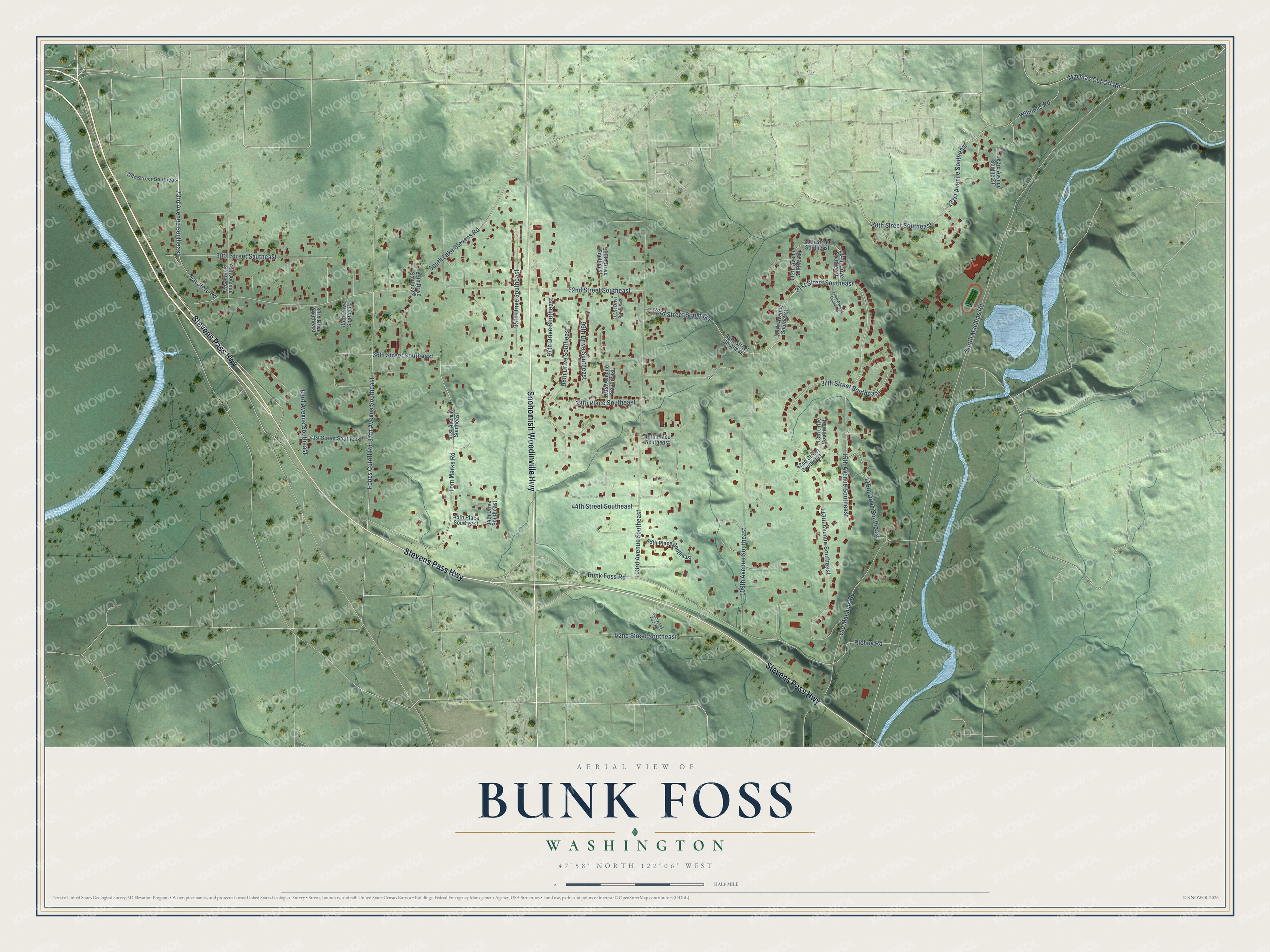 Full map of Bunk Foss, Washington, with red buildings, printed street names and the land around them