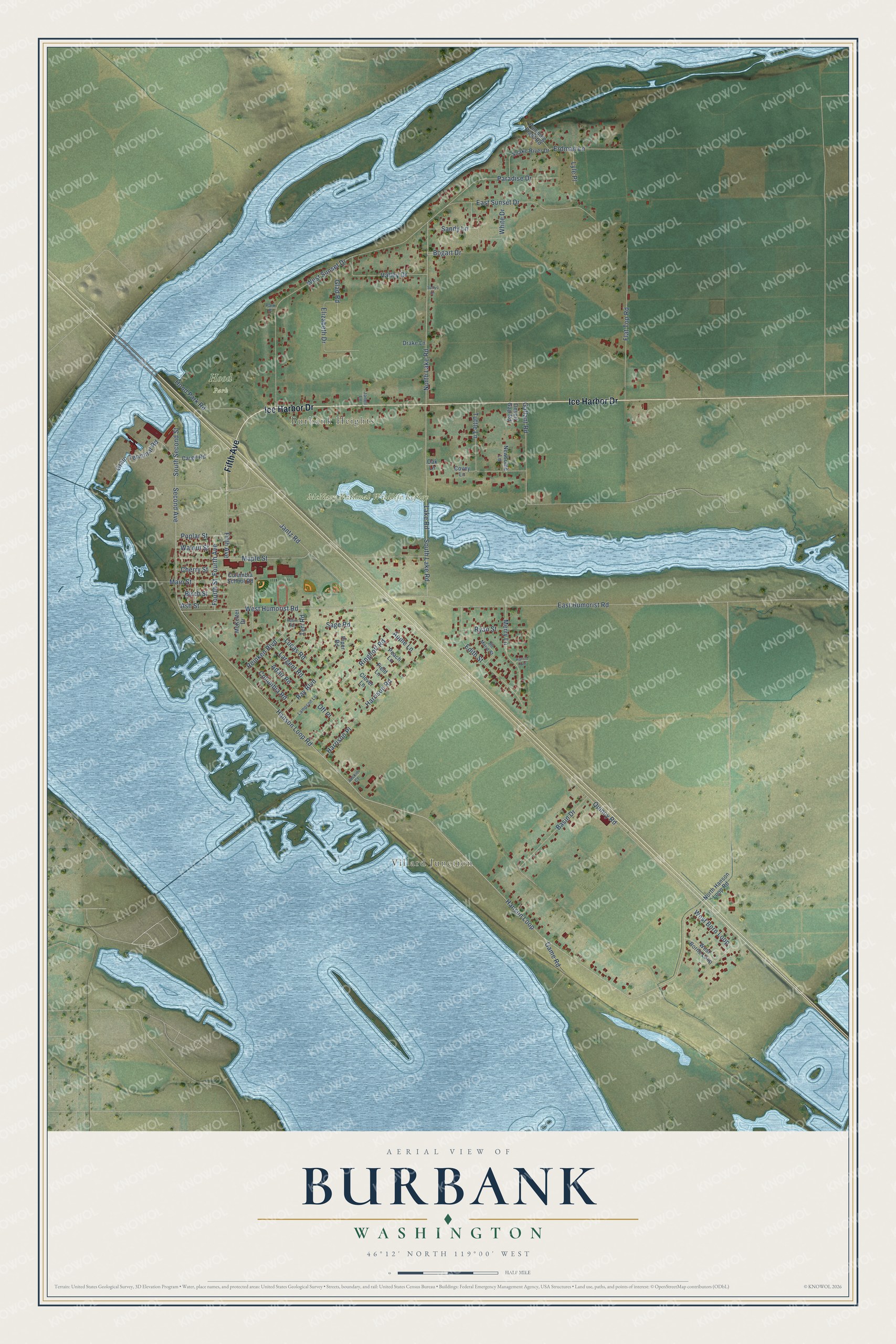 Full map of Burbank, Washington, with red buildings, printed street names and the land around them
