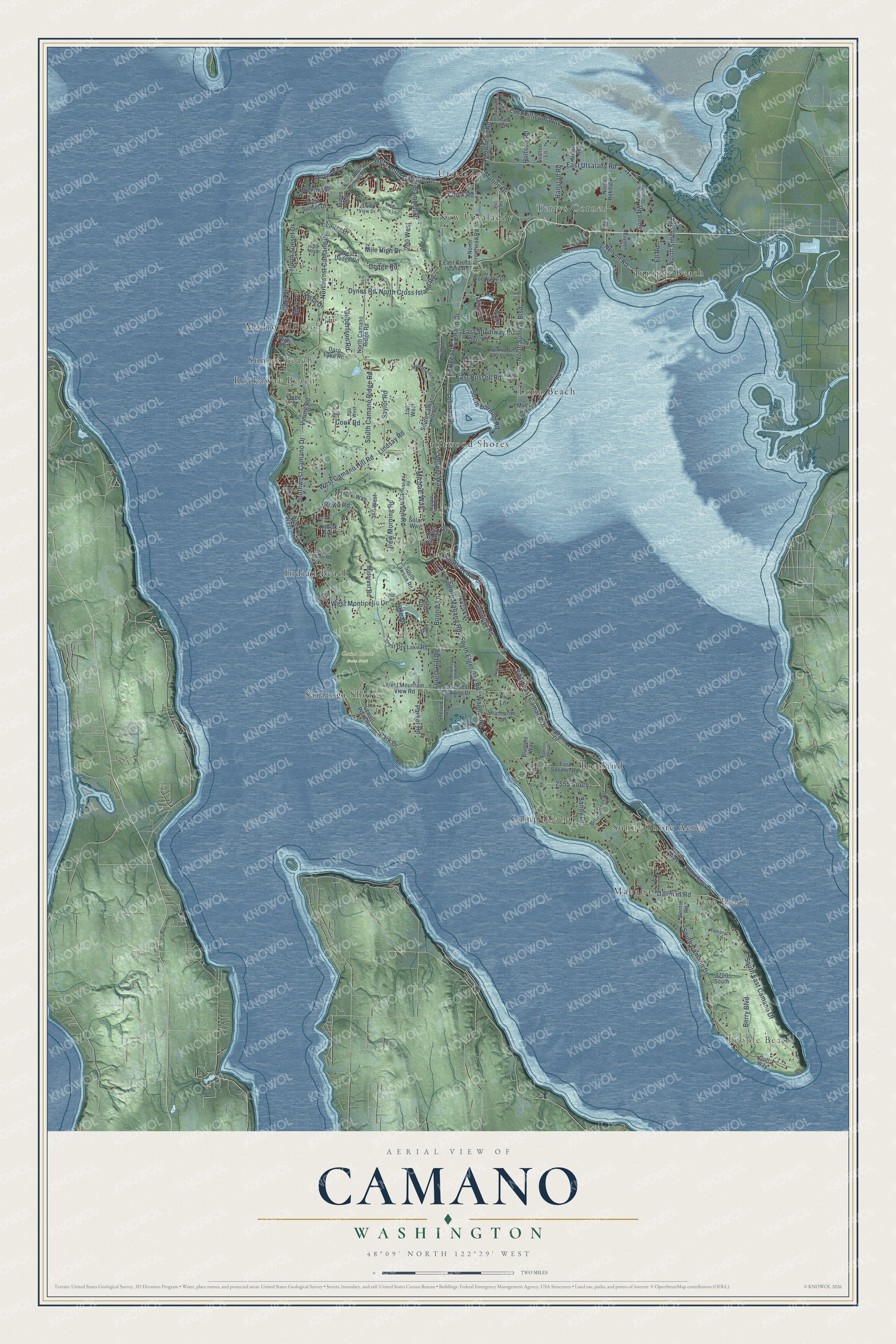Full map of Camano, Washington, with red buildings, printed street names and the land around them