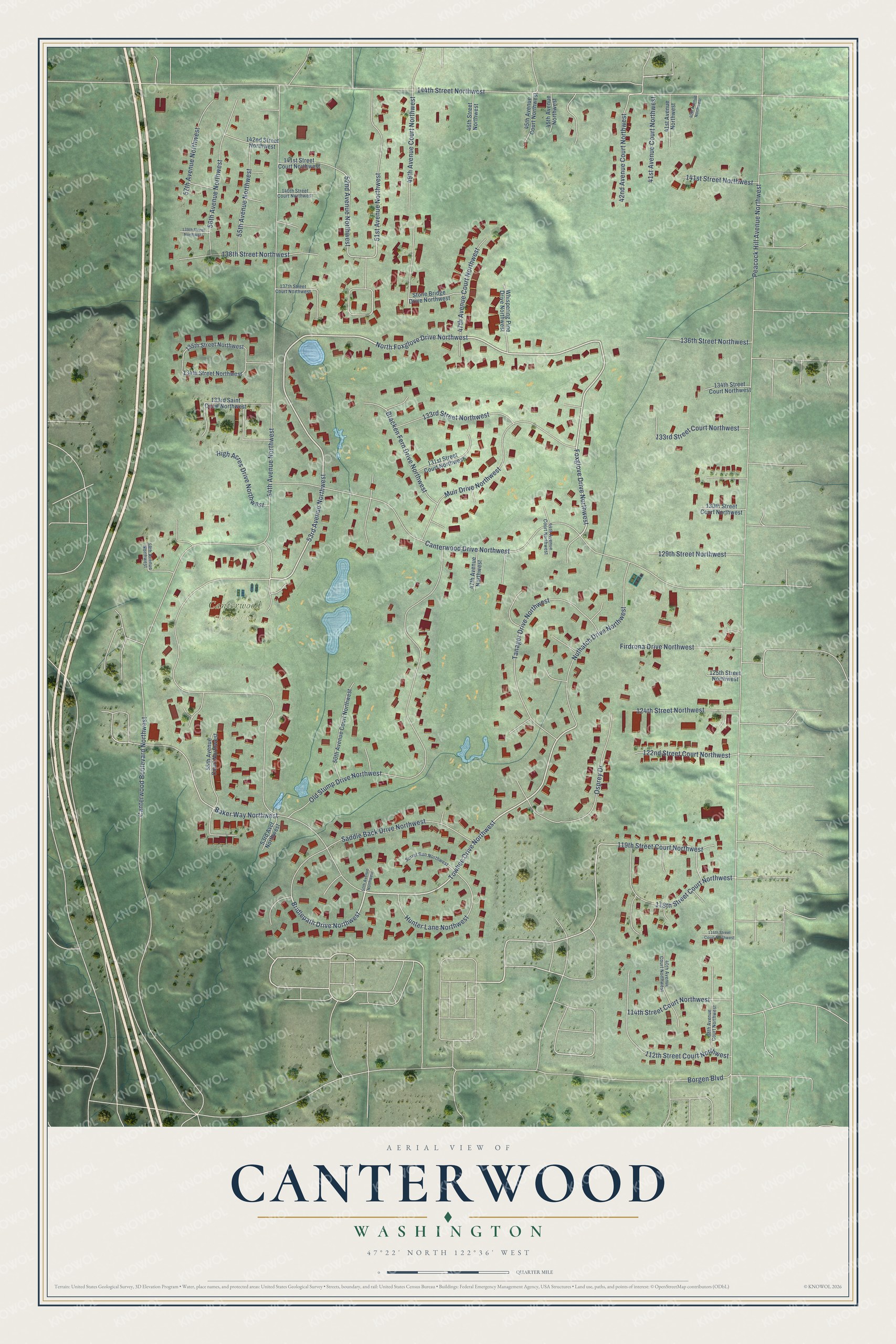 Full map of Canterwood, Washington, with red buildings, printed street names and the land around them