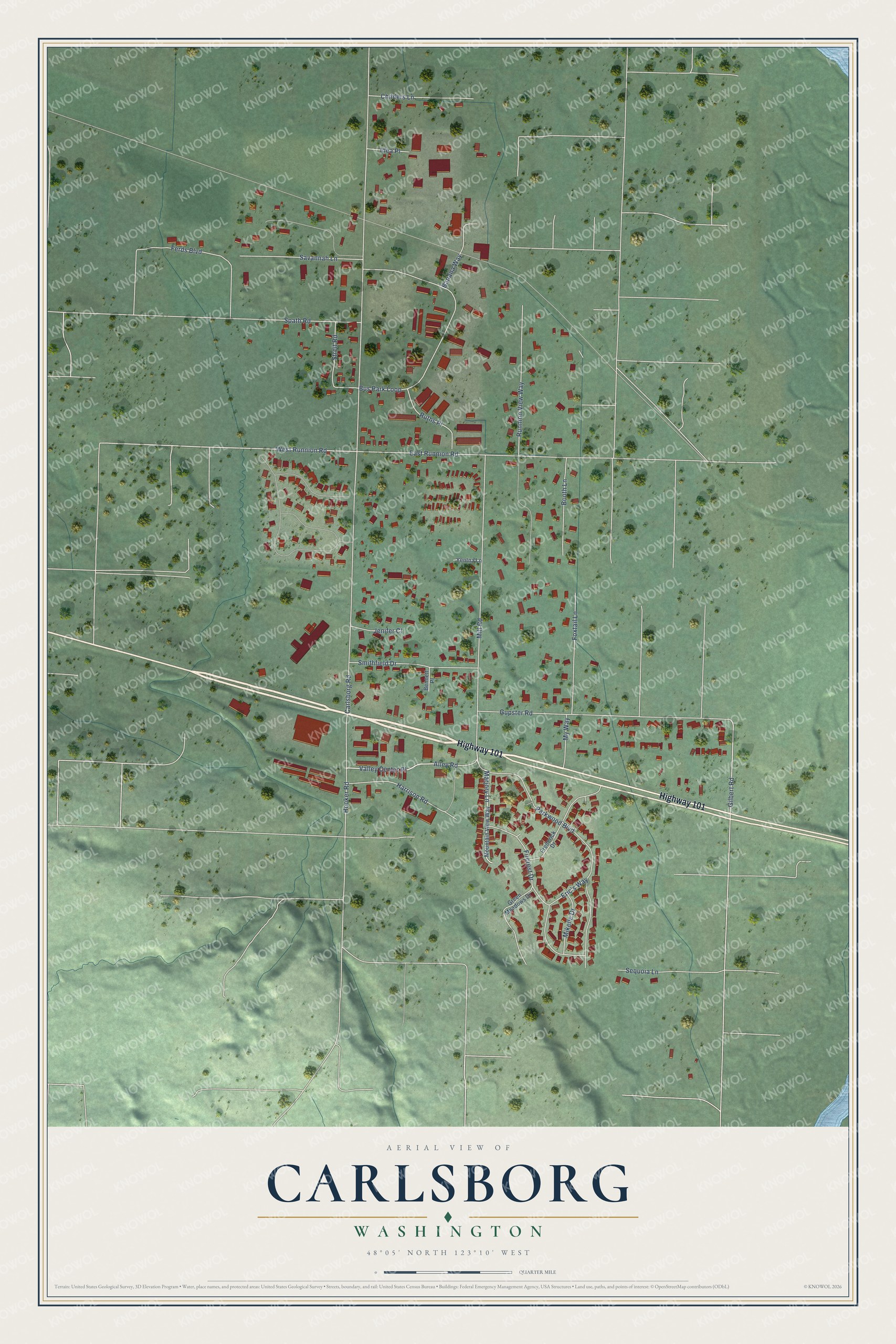 Full map of Carlsborg, Washington, with red buildings, printed street names and the land around them