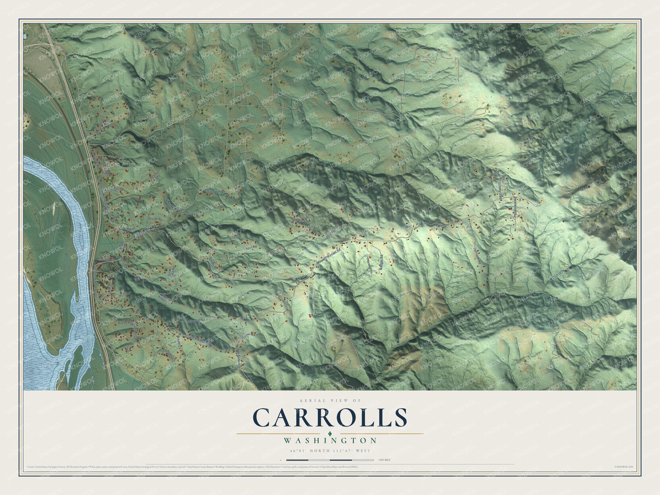 Full map of Carrolls, Washington, with red buildings, printed street names and the land around them