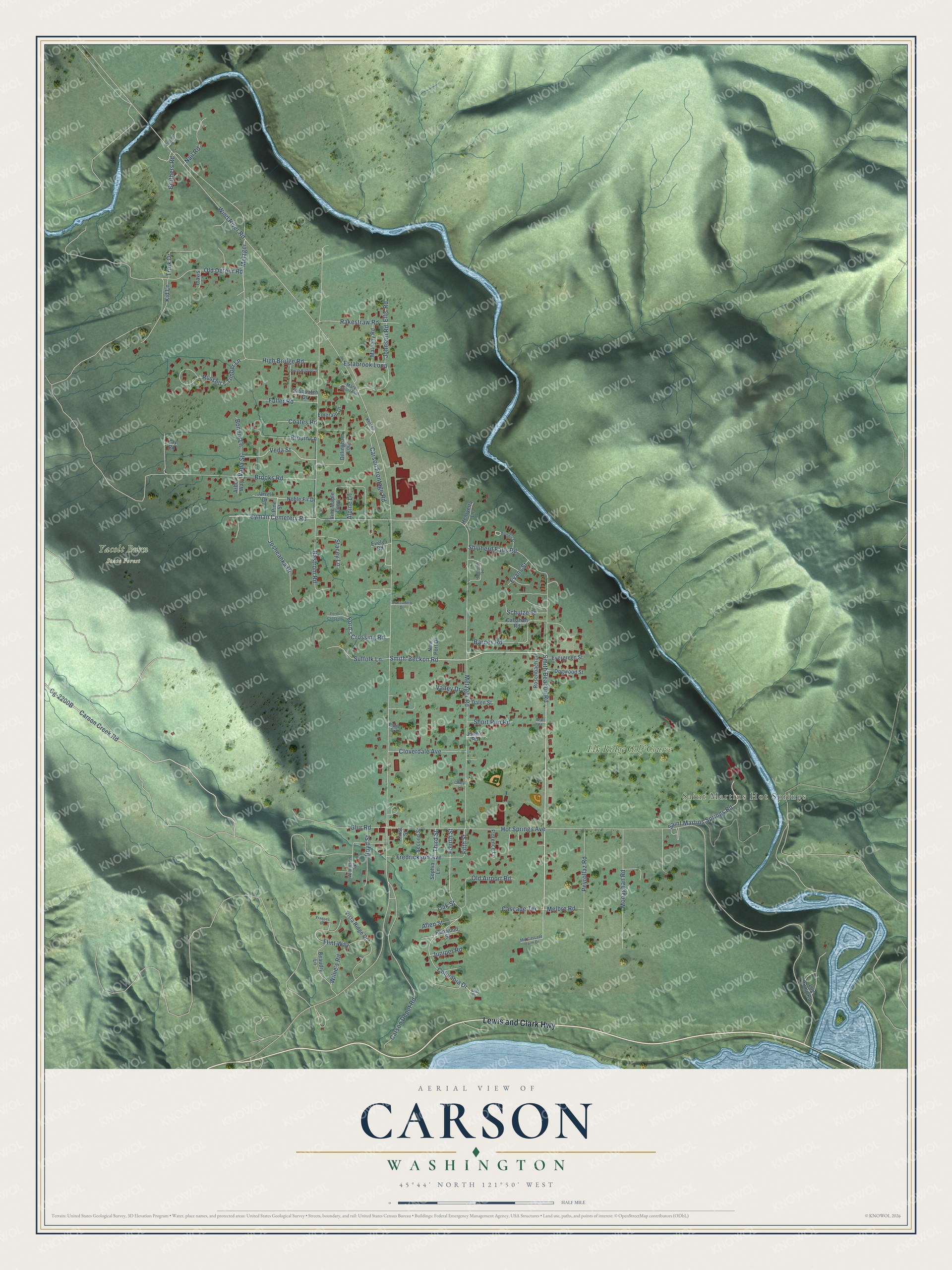 Full map of Carson, Washington, with red buildings, printed street names and the land around them