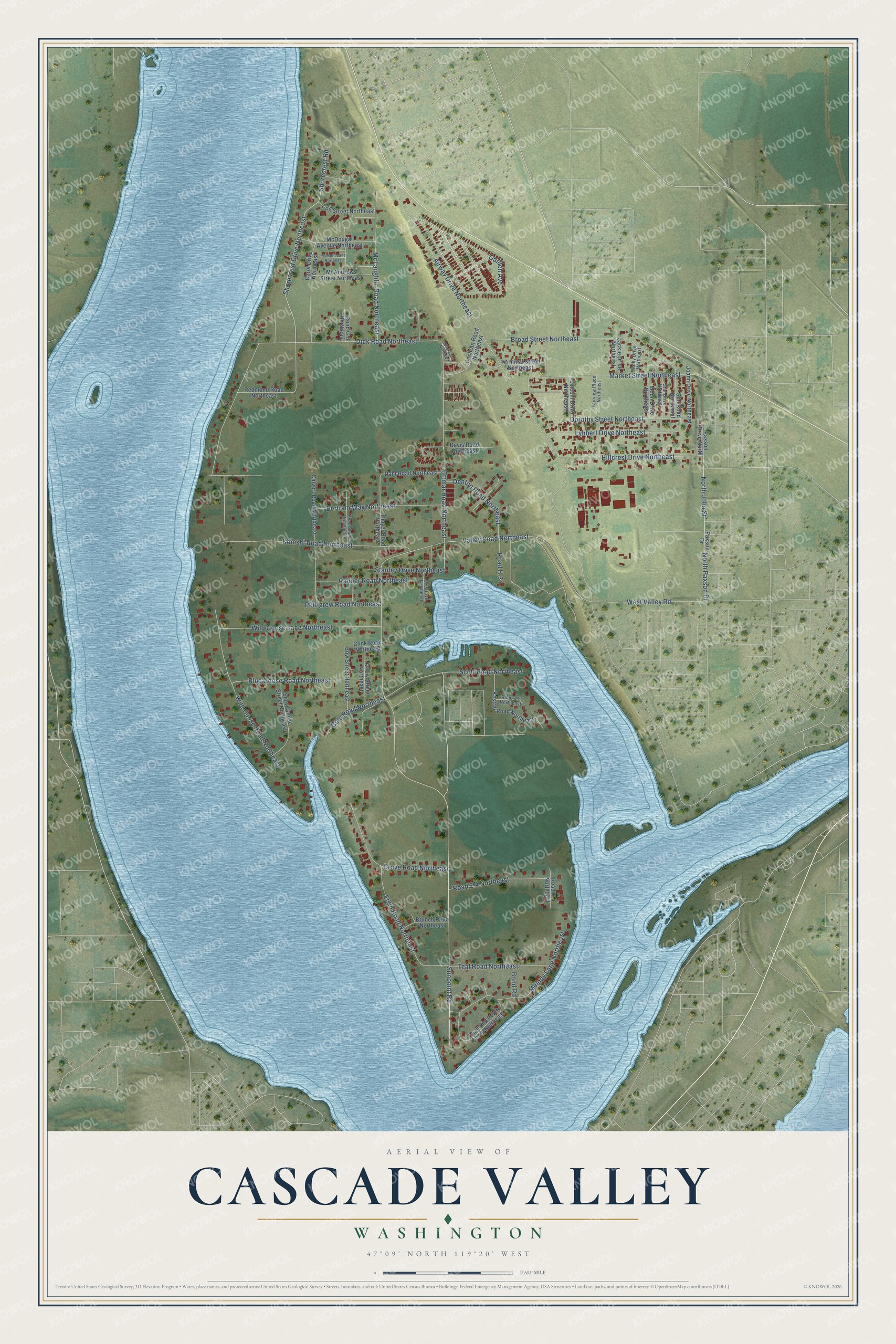 Full map of Cascade Valley, Washington, with red buildings, printed street names and the land around them