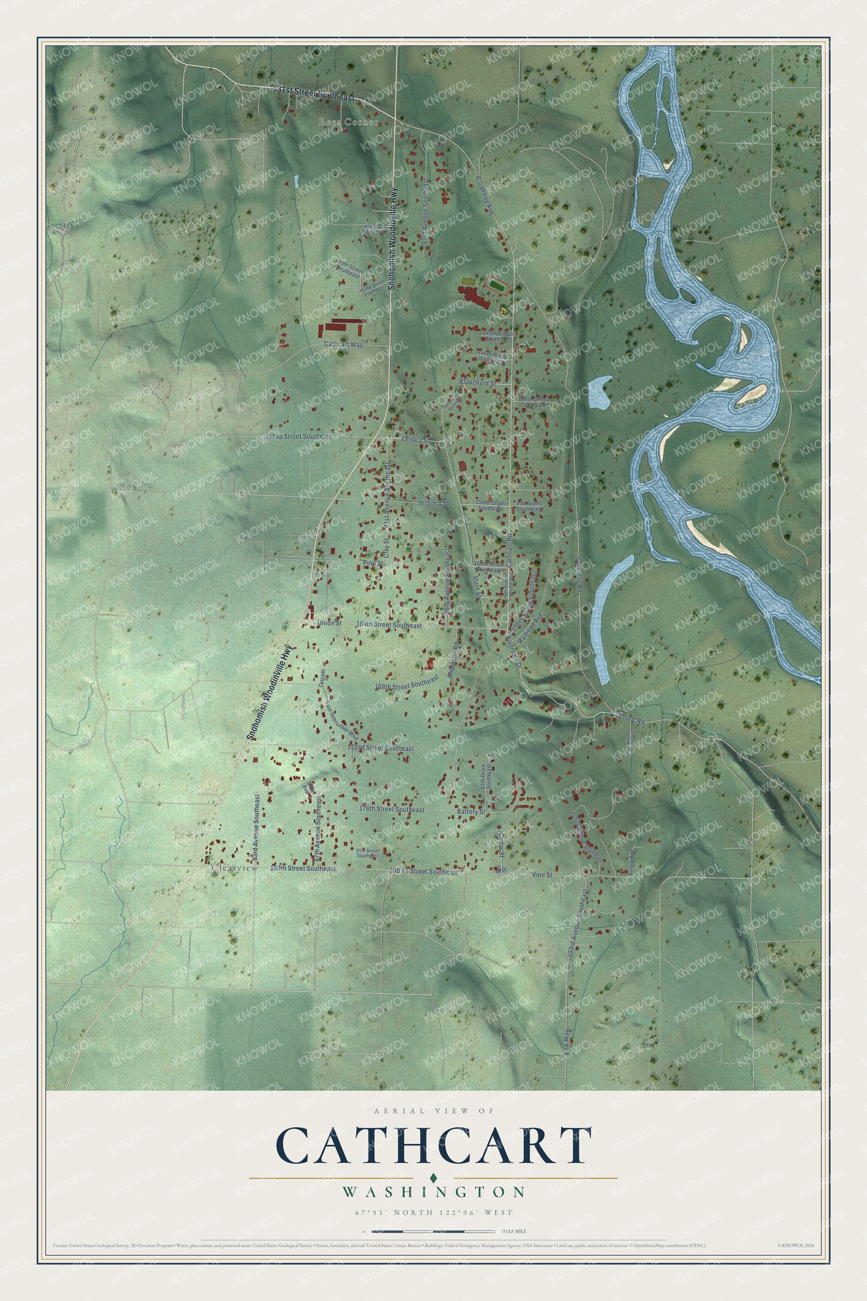 Full map of Cathcart, Washington, with red buildings, printed street names and the land around them