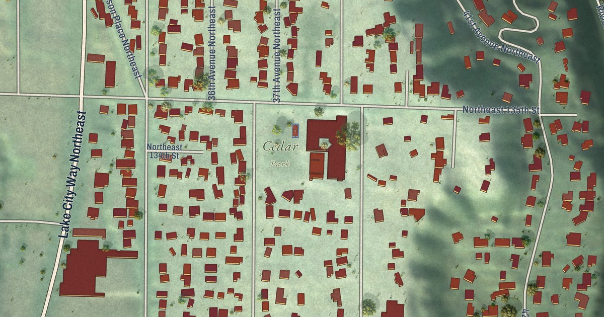 Close-up of streets and buildings in Cedar Park, Washington